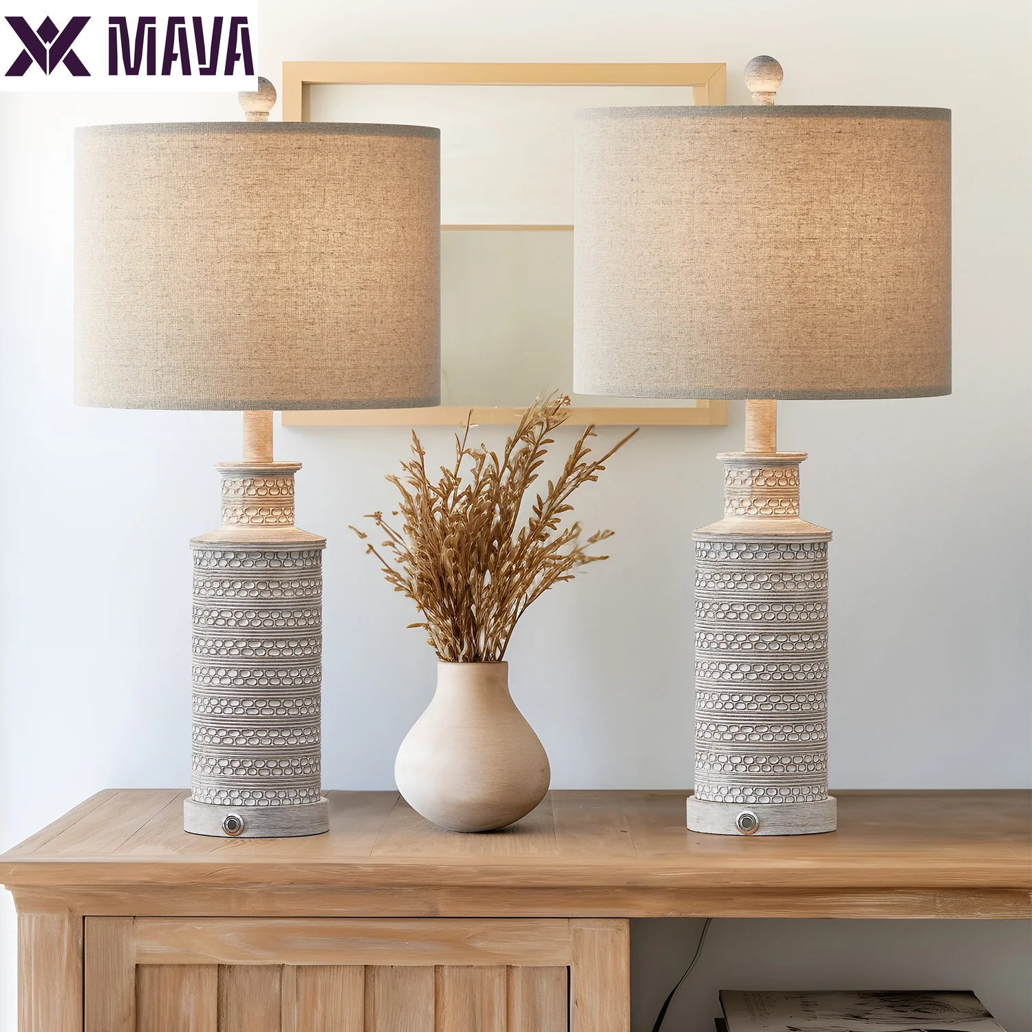 MAVA Dimmable Table Lamp Set of 2 with USB Ports for Bedroom Living Room 24.5"