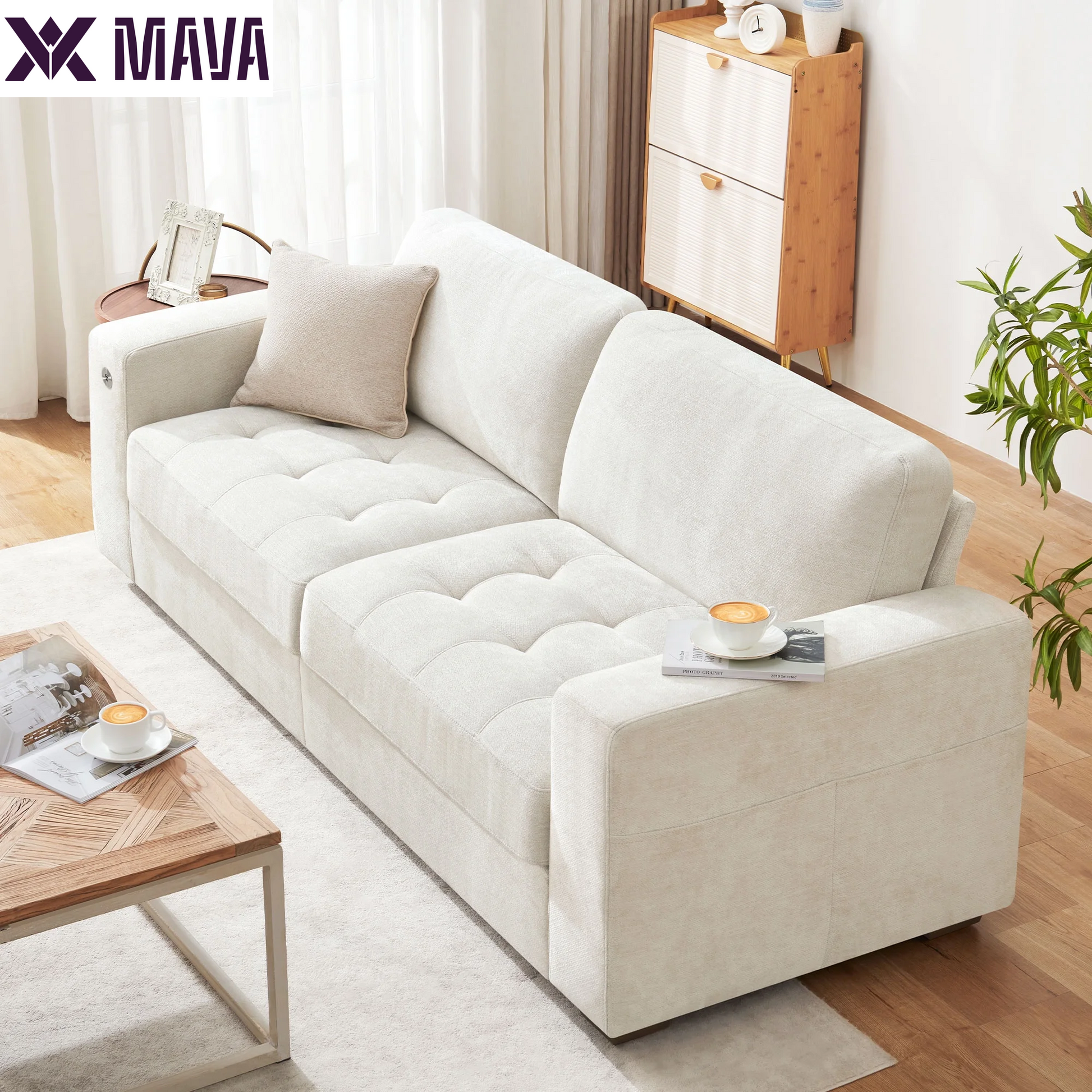 MAVA 89'' Comfy Sofa Couch for Living Room, Modern Deep Seat Couch with Wide Armrest, Removable Cover, Chenille Fabric Couches for Small Space, Apartment, 3 Seater(Beige)