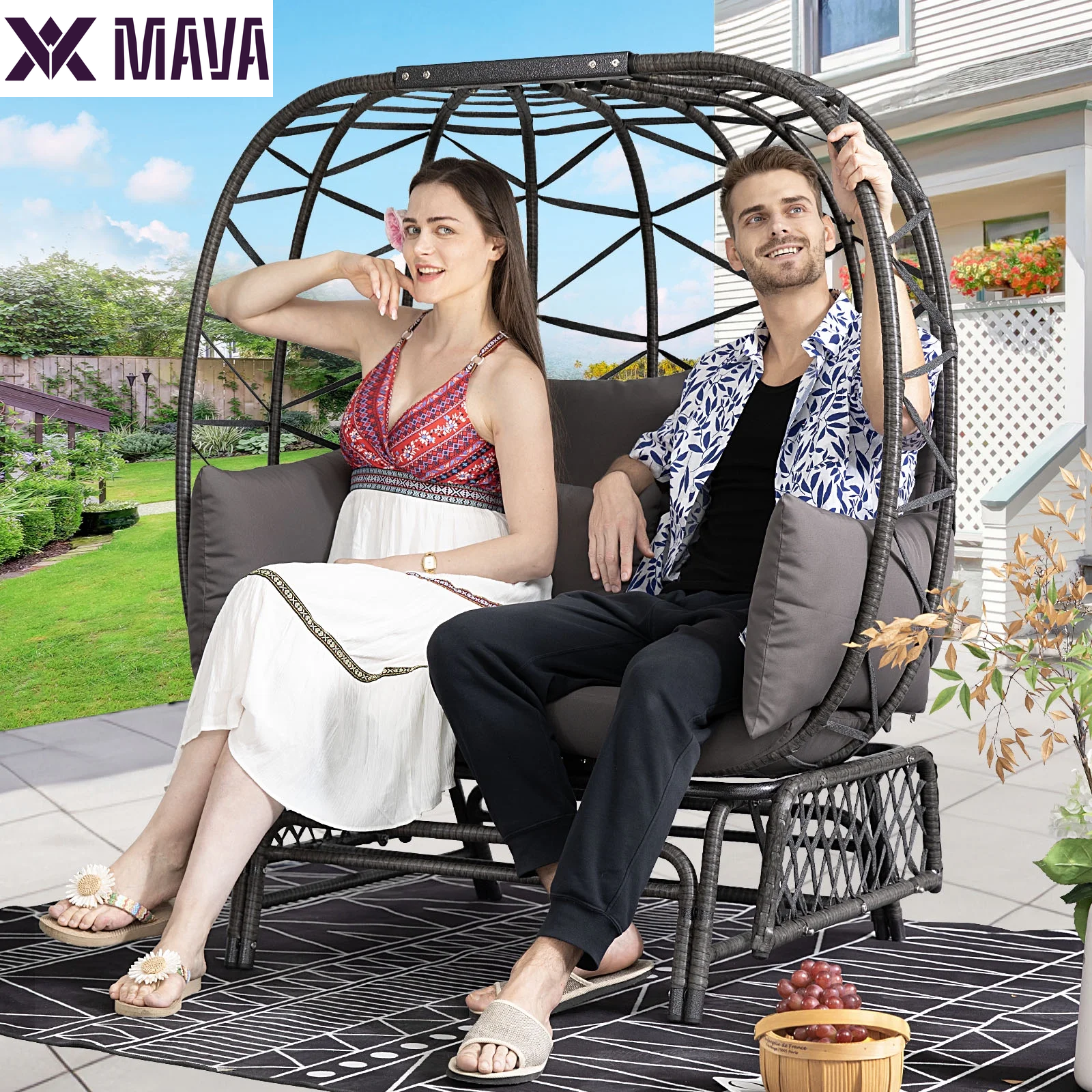 MAVA Outdoor Patio Lounge Chair Boho Stationary Wicker Yellow Egg Chair for Indoor Living Room 440Lb