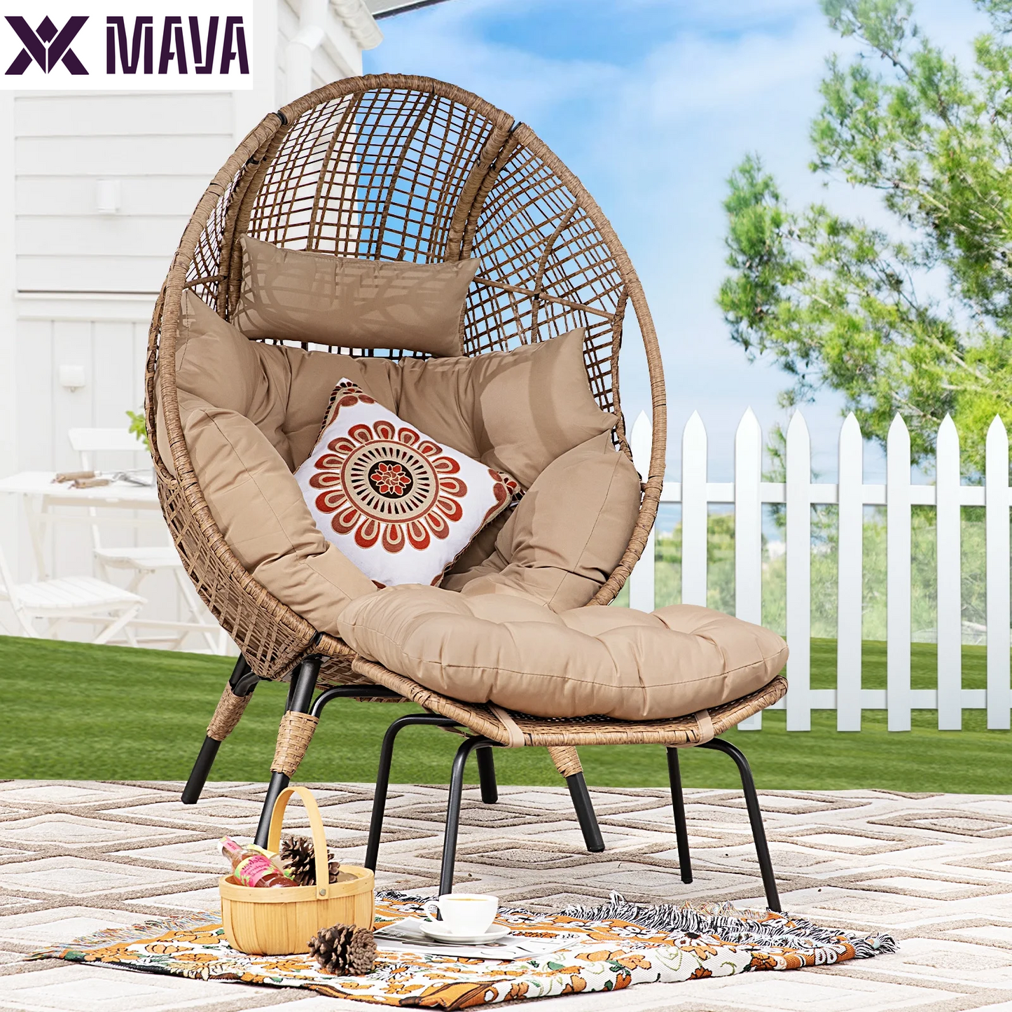 MAVA Outdoor Patio Lounge Chair Boho Stationary Wicker Yellow Egg Chair for Indoor Living Room 440Lb