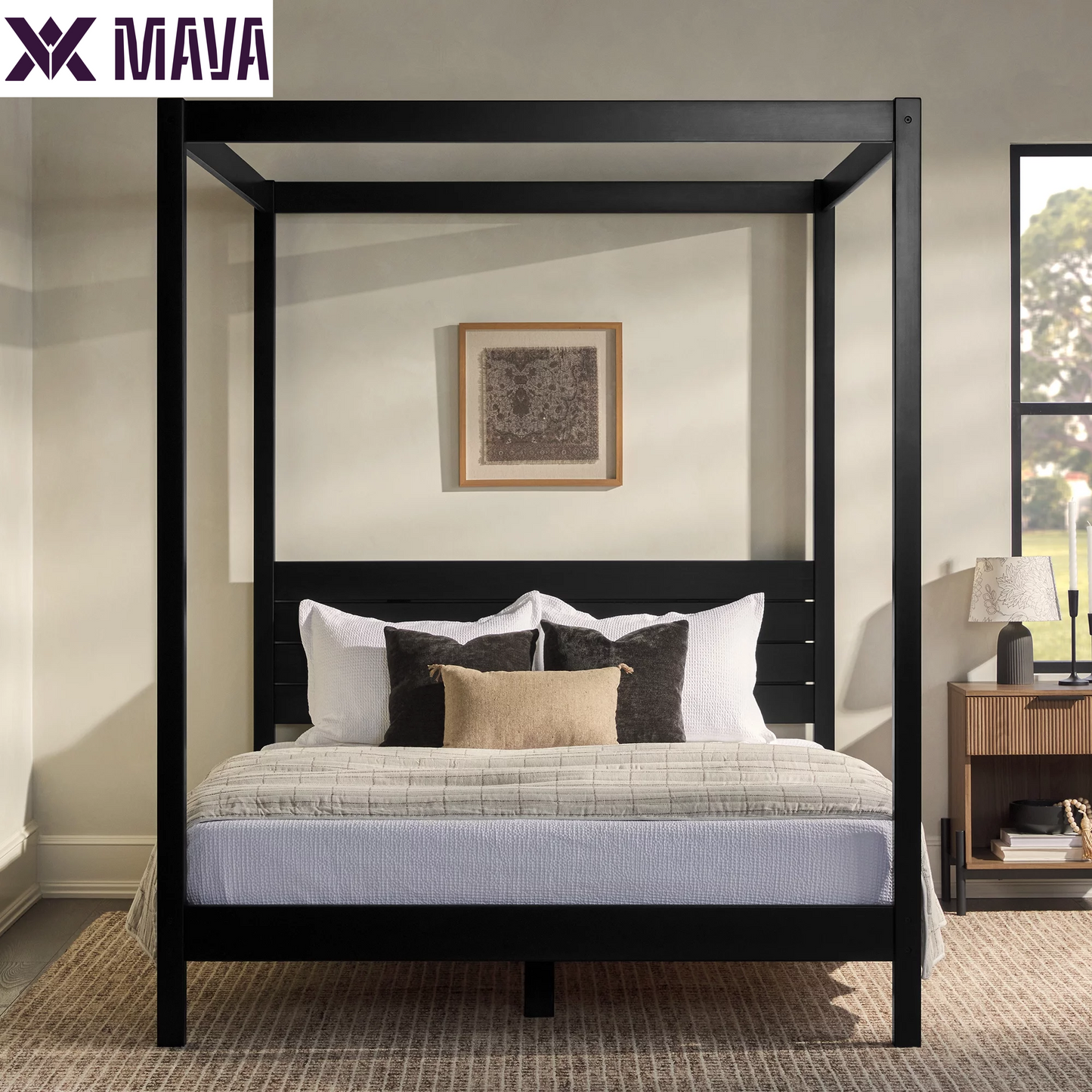 MAVA Minimalist Slatted Wood Queen Canopy Bedframe, Black