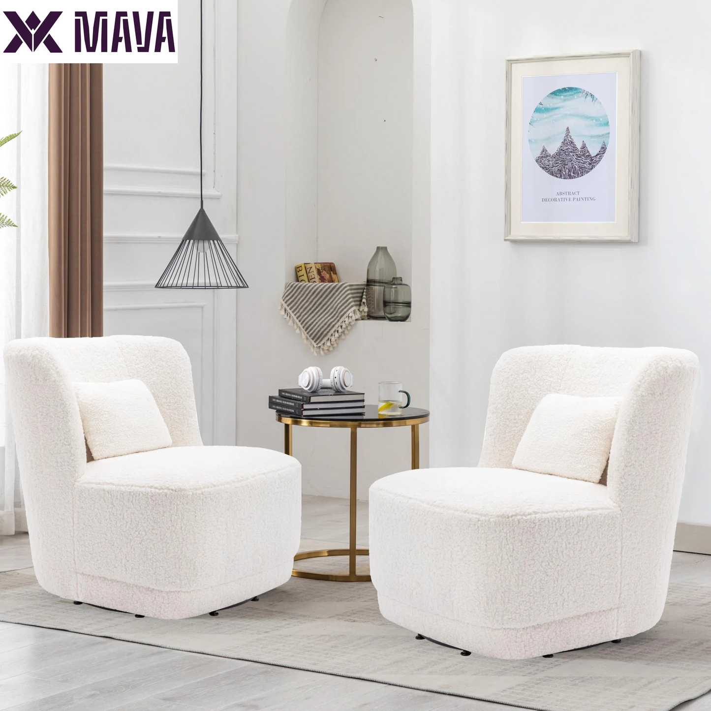 MAVA Swivel Accent Chair, Modern Teddy Fabric Upholstered 360°Swivel Barrel Chair Leisure Chair, Comfy Single Sofa Chair with Pillow, Reading Chair for Living Room Bedroom Office Lounge, White