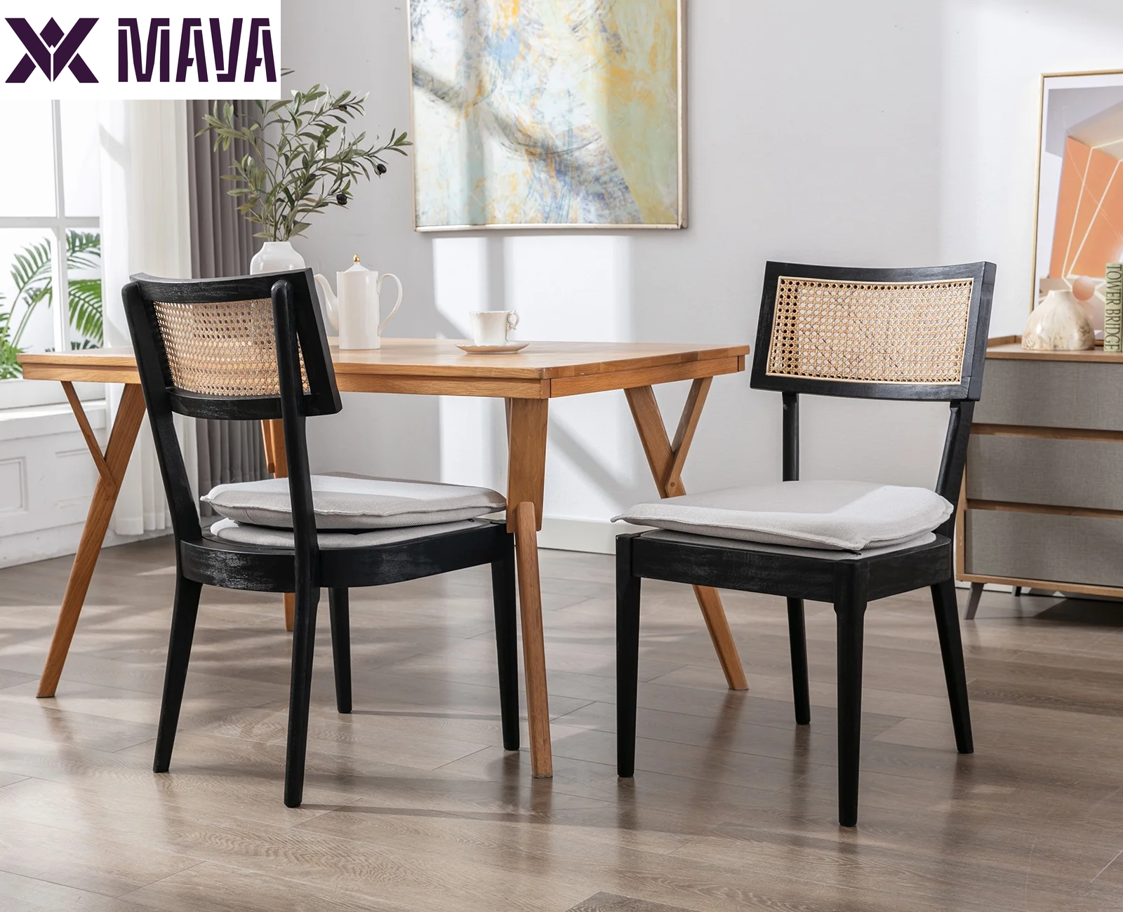 MAVA Classical Wooden Dining Chairs Set of 2, Farmhouse Rattan Cane Back Kitchen Chairs, French Country Side Chairs for Living Room Kitchen Dining Room, Black