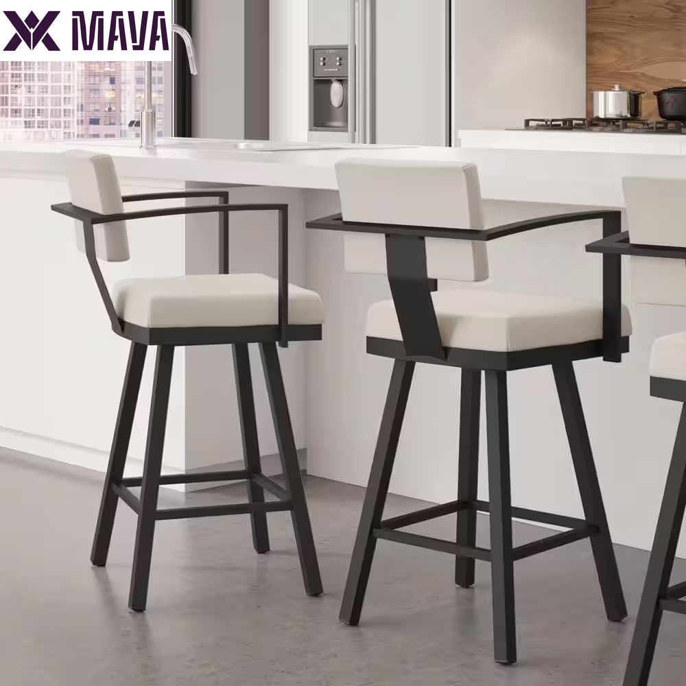 MAVA 26 In. Matt Light Grey Metal Beige Polyurethane Counter Stool