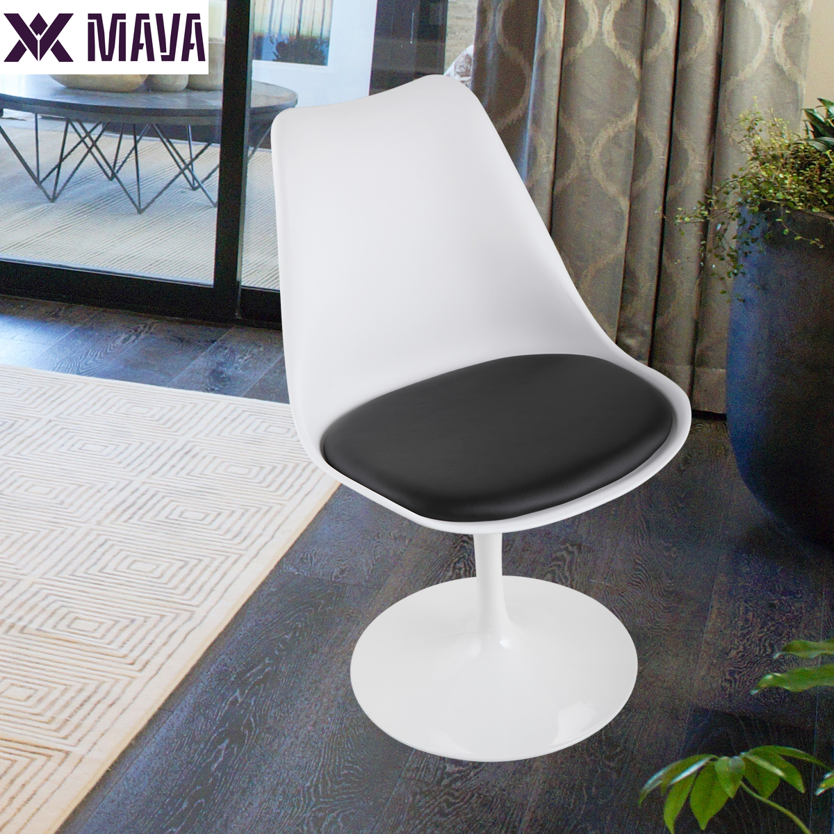 MAVA Swivel Tulip Side Chair for Kitchen and Dining Room Bar with Cushioned Seat and Curved Backrest, White and Black