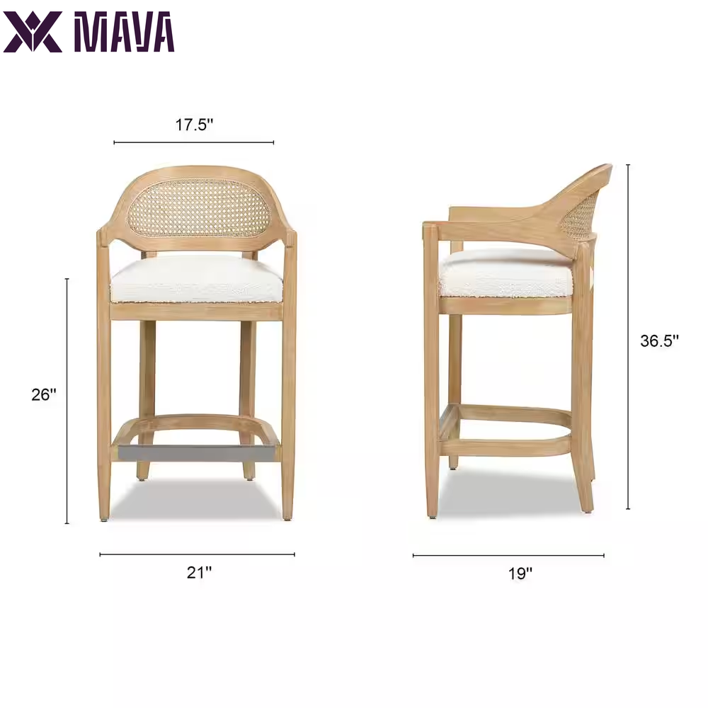 MAVA Americana 26 In. Mid-Century Modern Ivory White Cane Rattan Back Wood Frame Kitchen Counter Height Bar Stool