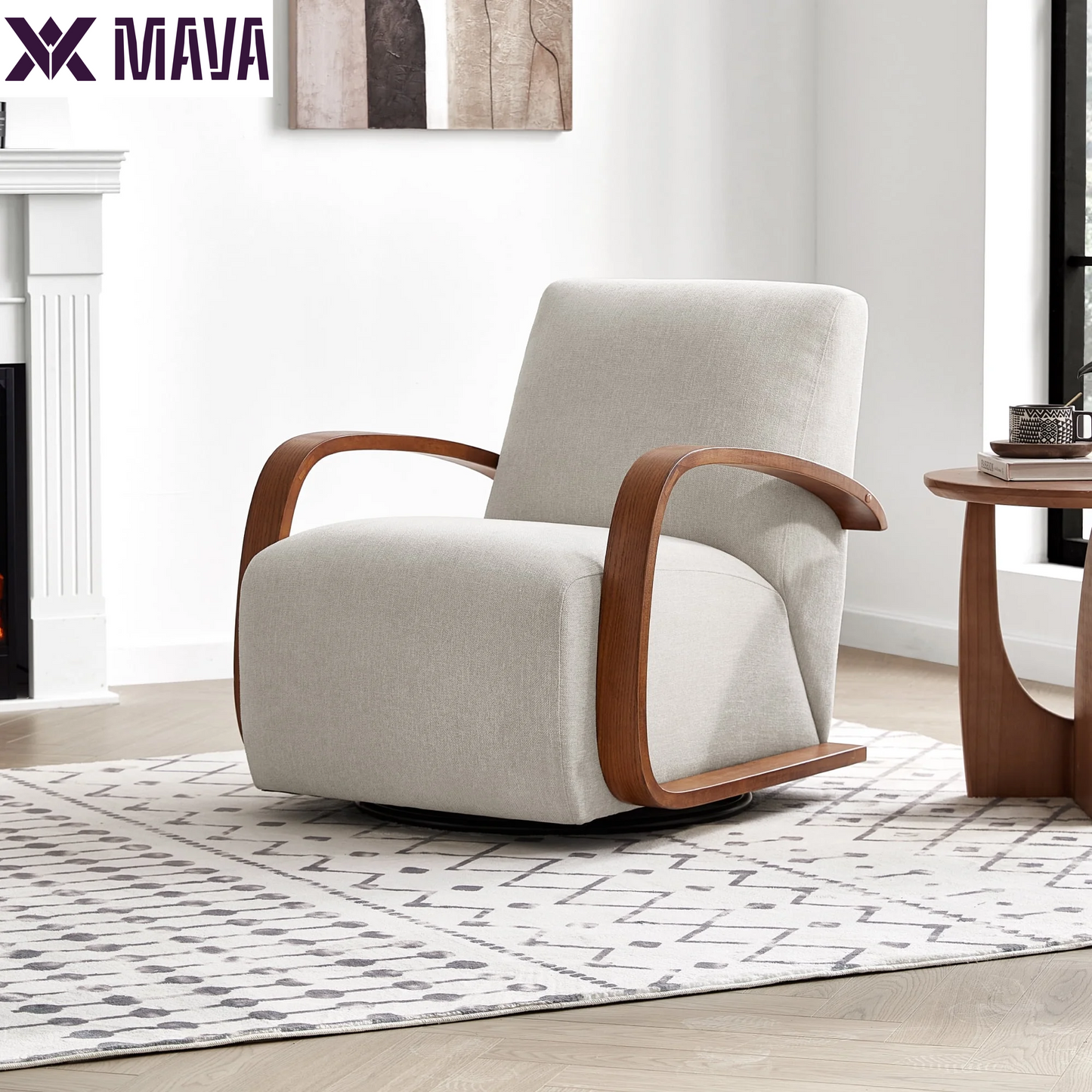 MAVA Swivel Accent Chair with U-Shaped Wood Arm for Living Room Beedroom, Linen & Gray Wood