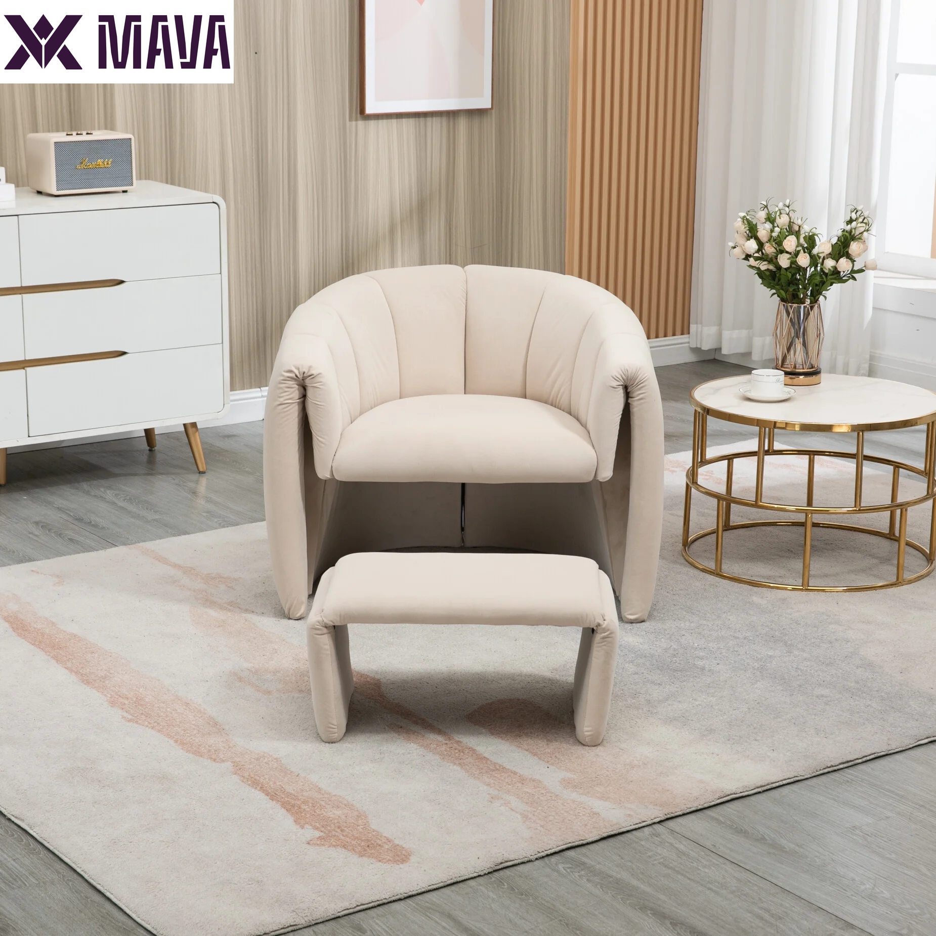 MAVA Modern Velvet Accent Chair with Ottoman, Upholstered Armchair with Wooden Frame