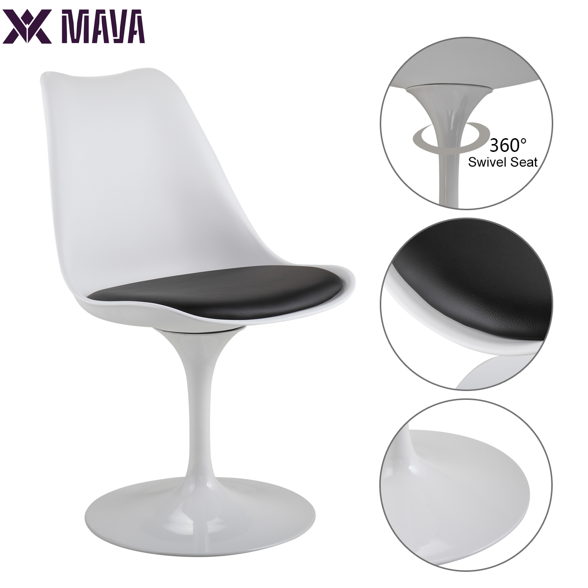 MAVA Swivel Tulip Side Chair for Kitchen and Dining Room Bar with Cushioned Seat and Curved Backrest, White and Black