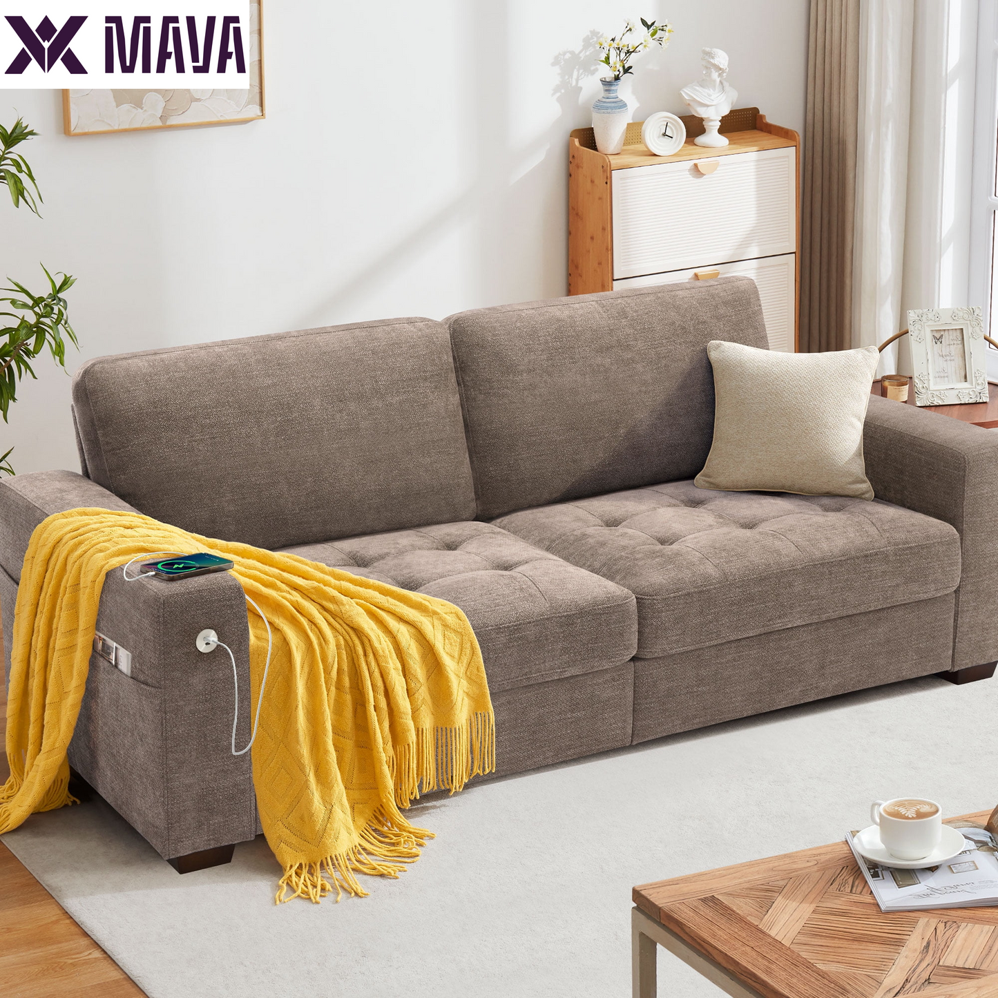 MAVA 89'' Comfy Sofa Couch for Living Room, Modern Deep Seat Couch with Wide Armrest, Removable Cover, Chenille Fabric Couches for Small Space, Apartment, 3 Seater(Beige)