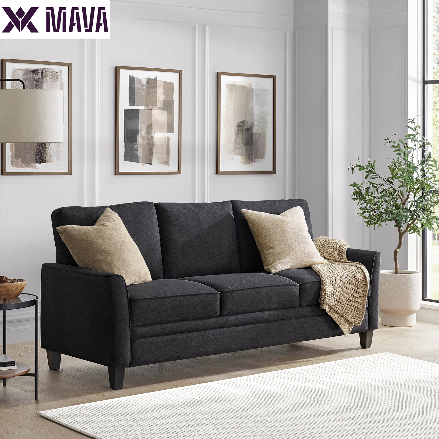 MAVA 3 Seat Classic Modern Sofa, Black