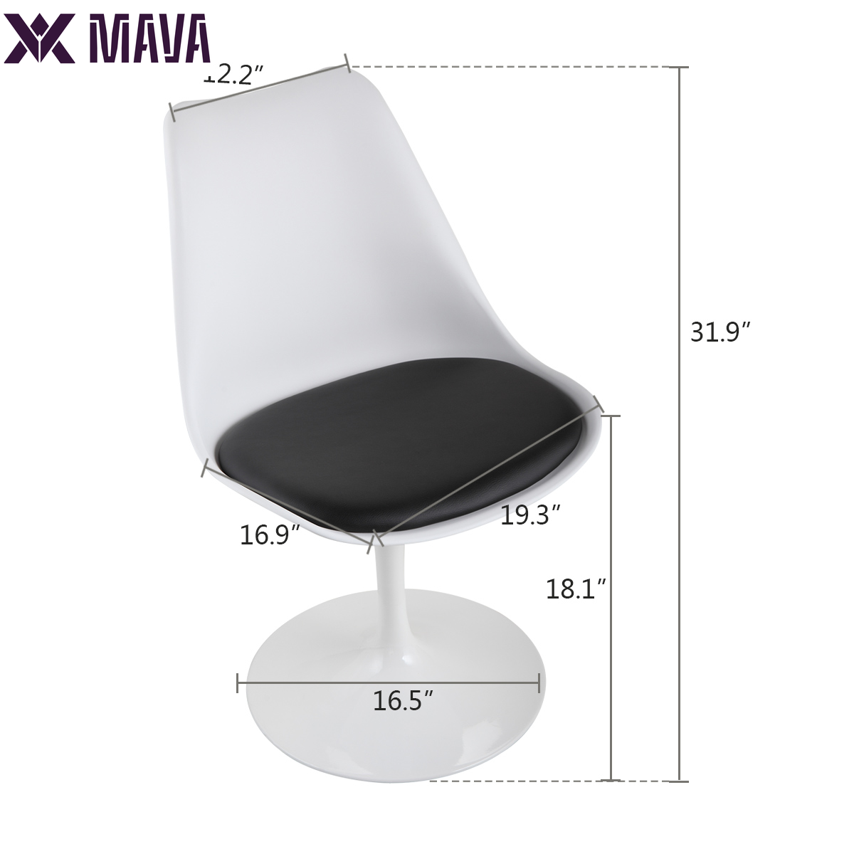 MAVA Swivel Tulip Side Chair for Kitchen and Dining Room Bar with Cushioned Seat and Curved Backrest, White and Black