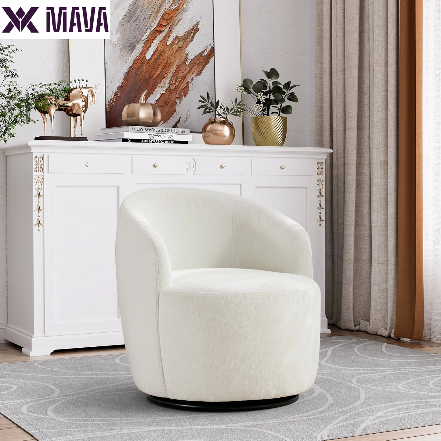 MAVA Swivel Barrel Chair Set of 2, Upholstered Boucle Swivel Accent Chair, Comfy Sherpa Swivel Lounge Chair, Modern 360 Swivel Arm Chair Reading Chair for Living Room Bedroom Club, Ivory Chenille