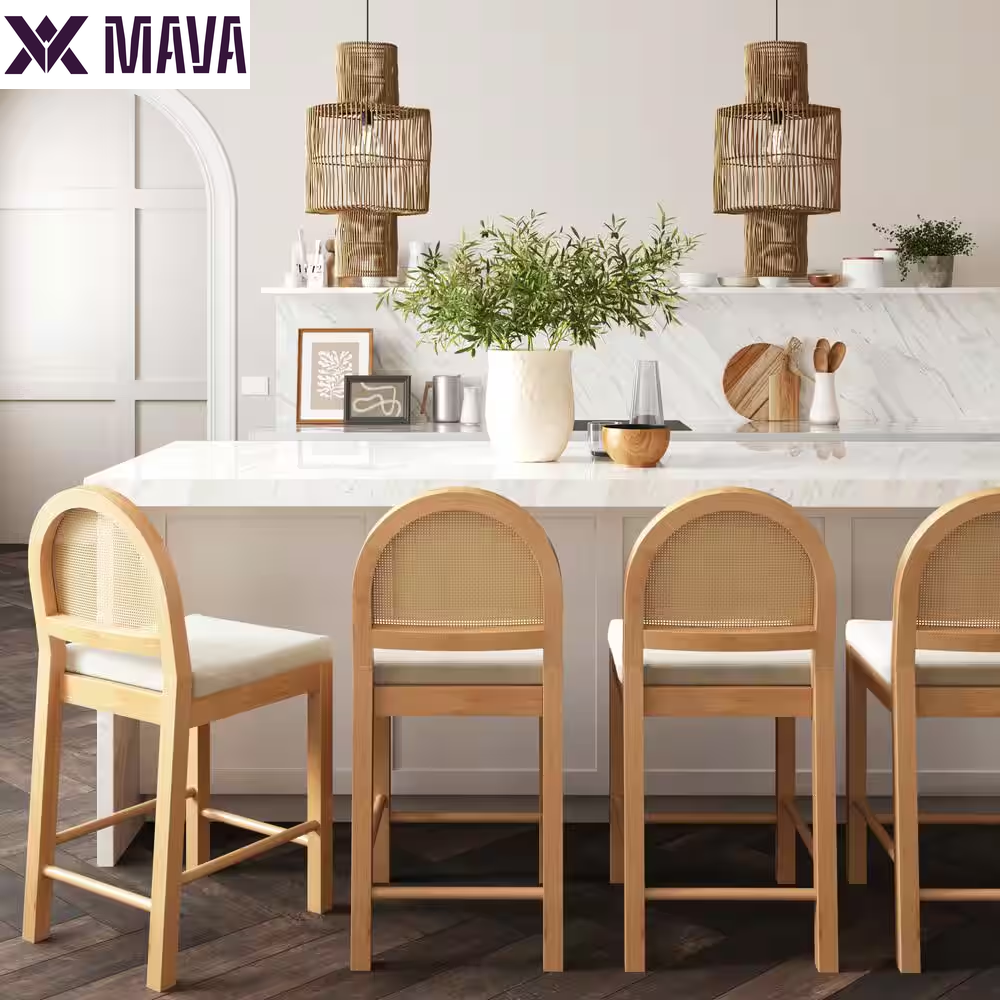 MAVA 19 In. Light Brown Natural Woven Rattan Back and Solid Wood, Legs Dining Chair with Padded Seat