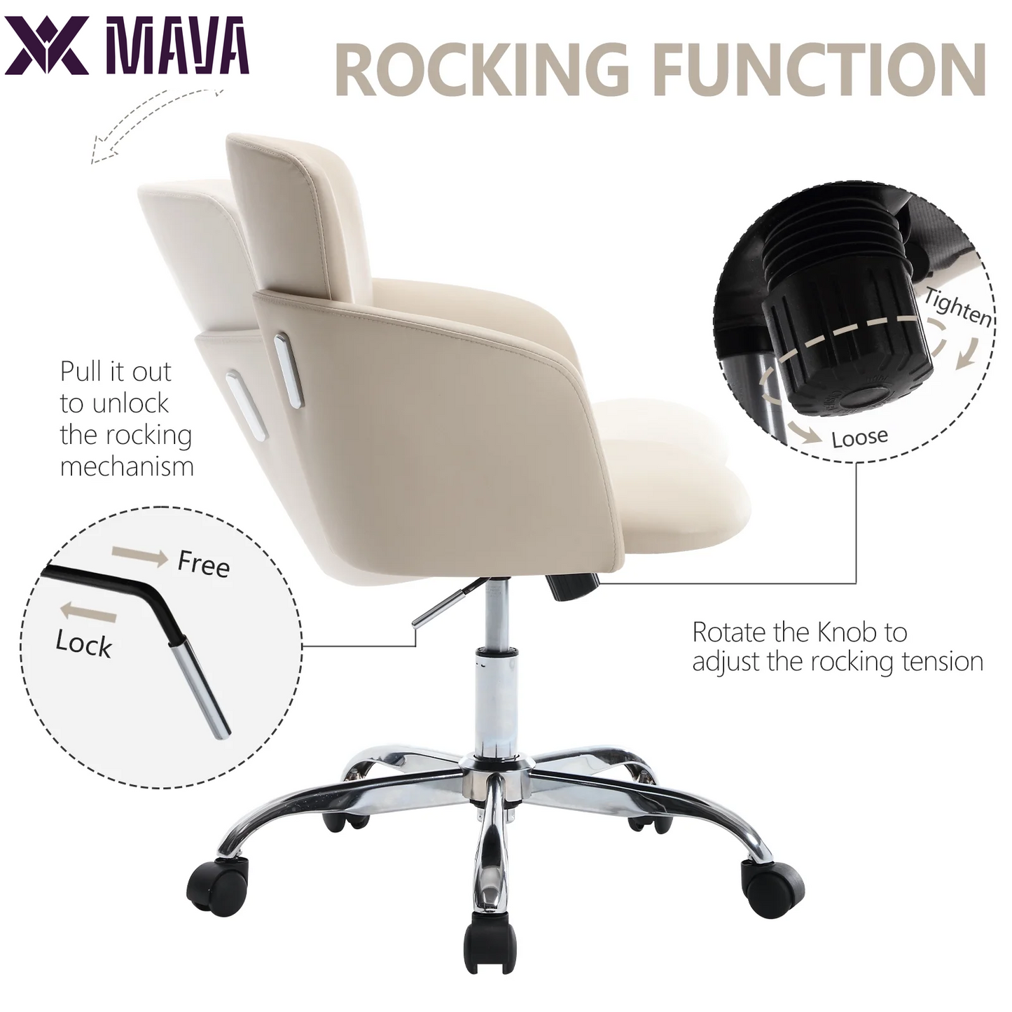 MAVA Office Chair, Ergonomic Home Office Chair, PU Leather Upholstered Computer Chair with Wheels & Adjustable Height, Modern Desk Chair Swivel Arm Chairs for Living Room Bedroom Office, Beige