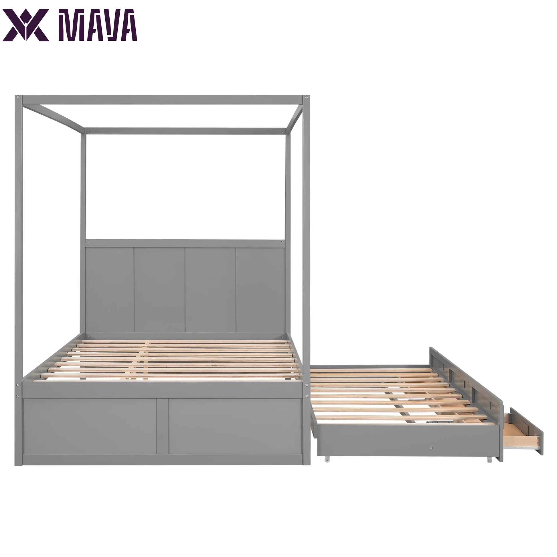 MAVA Queen Size Canopy Platform Bed with Trundle Bed and Drawers, Solid Wood Canopy Bed Frame with 3 Storage Drawers, Gray