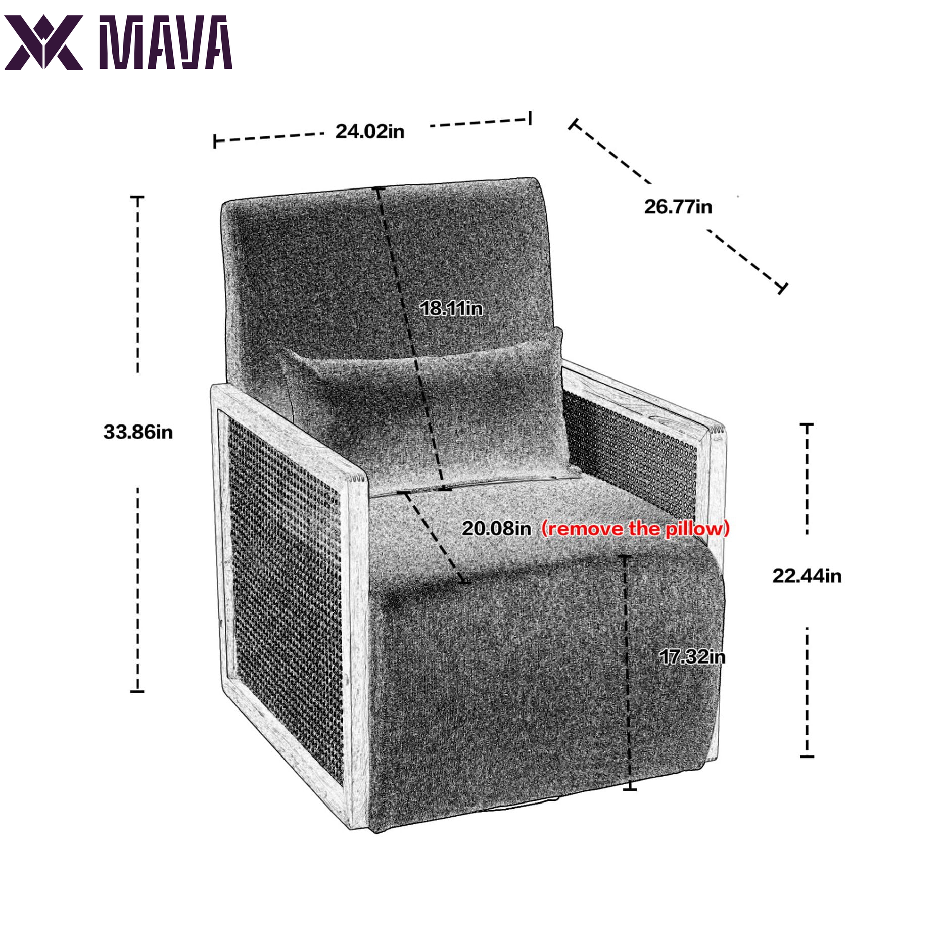 MAVA Swivel Barrel Chair, Modern Linen Accent Chair with Rattan Armrest, Upholstered Comfy Swivel Accent Chair