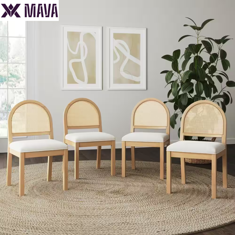 MAVA 19 In. Light Brown Natural Woven Rattan Back and Solid Wood, Legs Dining Chair with Padded Seat