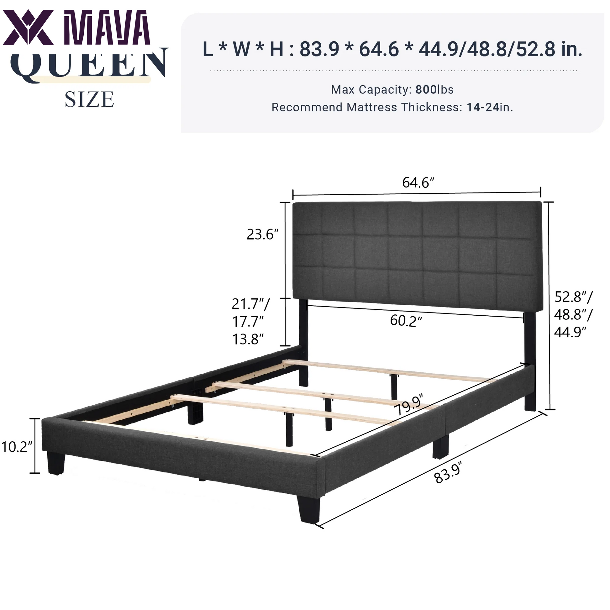 MAVA Queen Size Panel Platform Bed Frame with Adjustable High Upholstered Headboard, Grey