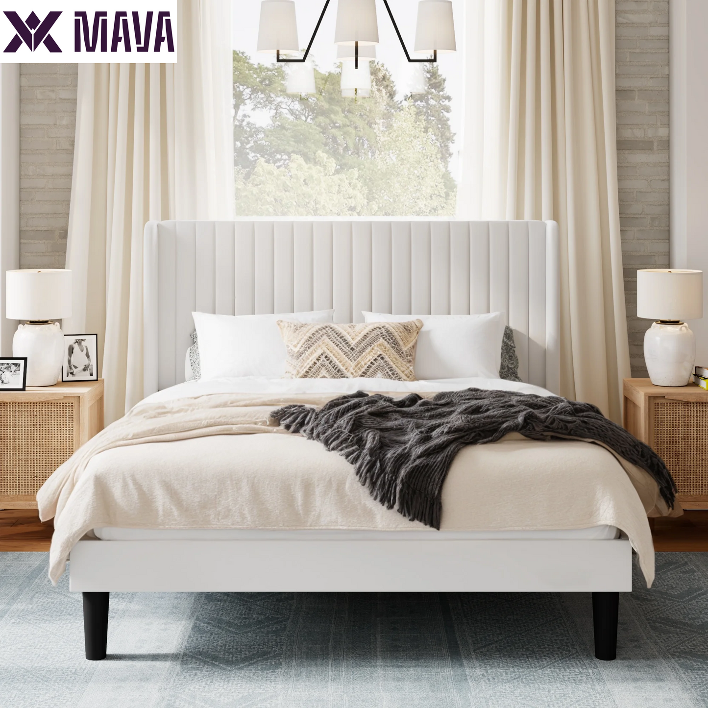 MAVA Queen Size Upholstered Platform Bed Frame with Velvet Channel Wingback Headboard, off White