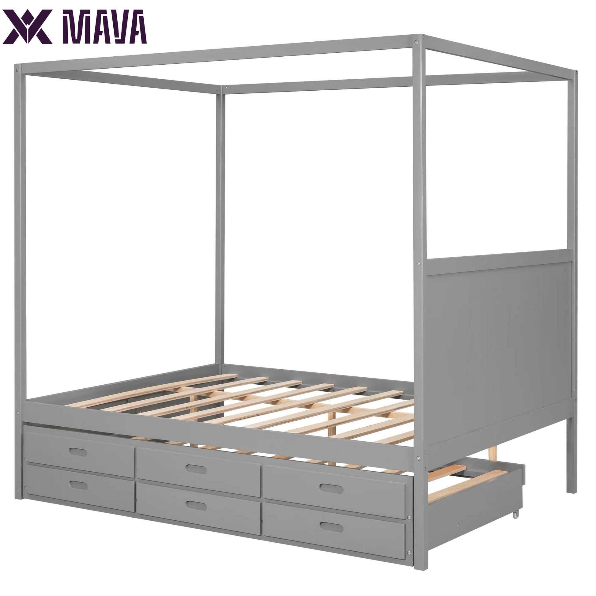 MAVA Queen Size Canopy Platform Bed with Trundle Bed and Drawers, Solid Wood Canopy Bed Frame with 3 Storage Drawers, Gray