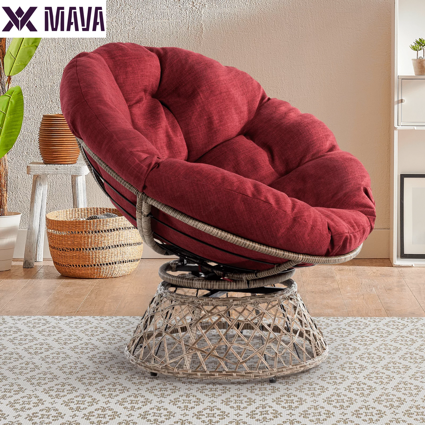 MAVA 360 Swivel Comfy Papasan Chair with Fabric Cushion, Pure Pearl - White Frame