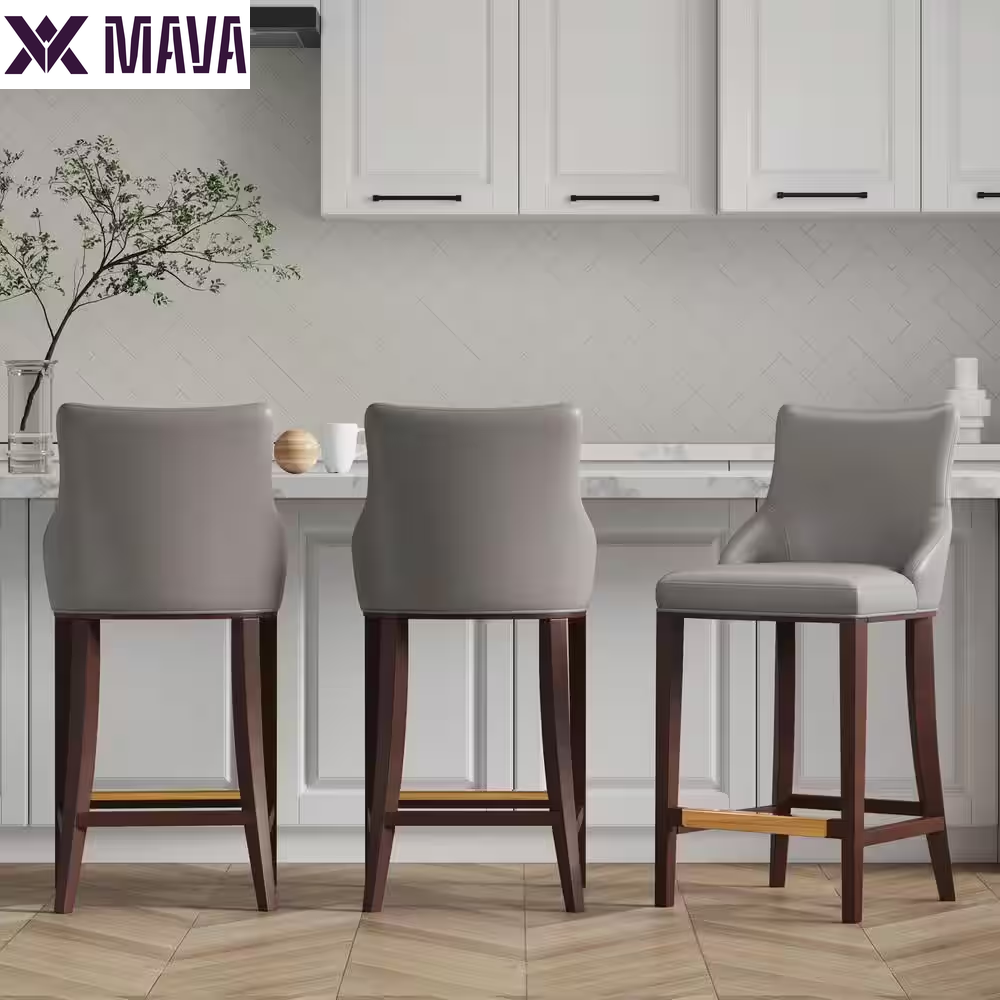 MAVA 29.13 In. Light Grey Beech Wood Bar Stool with Leatherette Upholstered Seat (Set of 3)