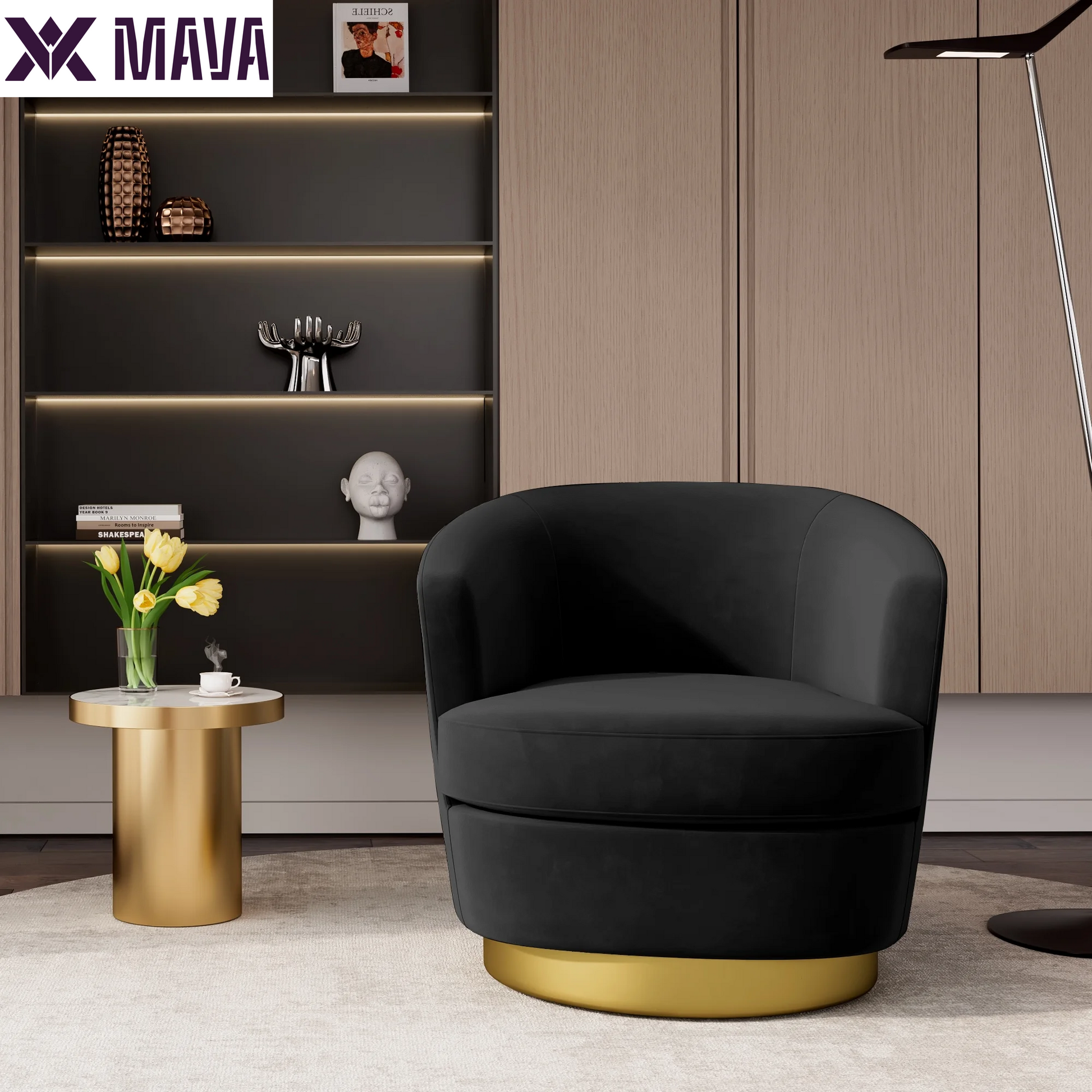 MAVA Swivel Accent Chair, round Barrel Chair 360 Degree Swivel Armchair, Comfy Upholstered Club Chairs for Living Room Bedroom, Black