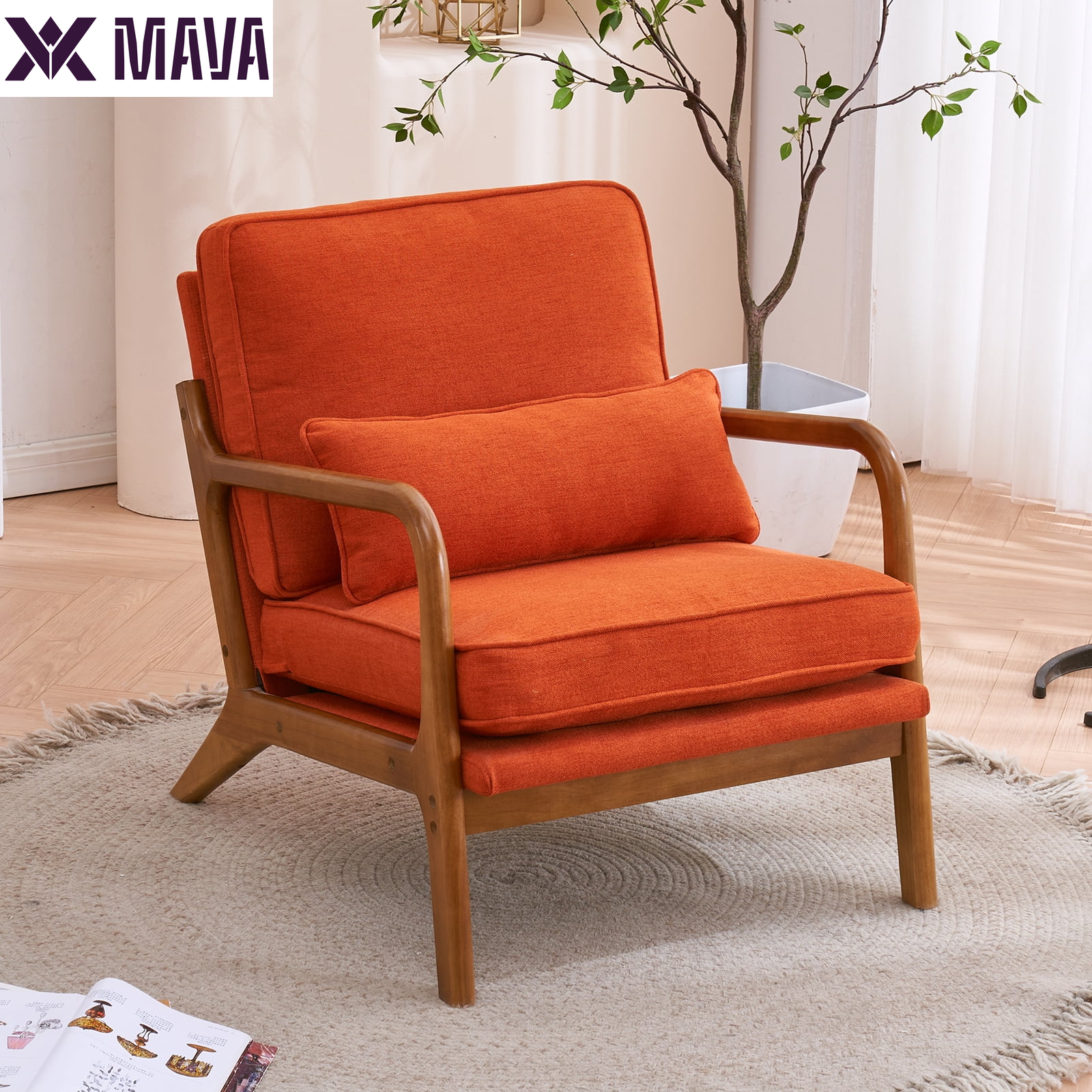 MAVA Modern Arm Chair Linen Fabric Upholstered Comfy Reading Accent Chair with Solid Wood Frame Beige