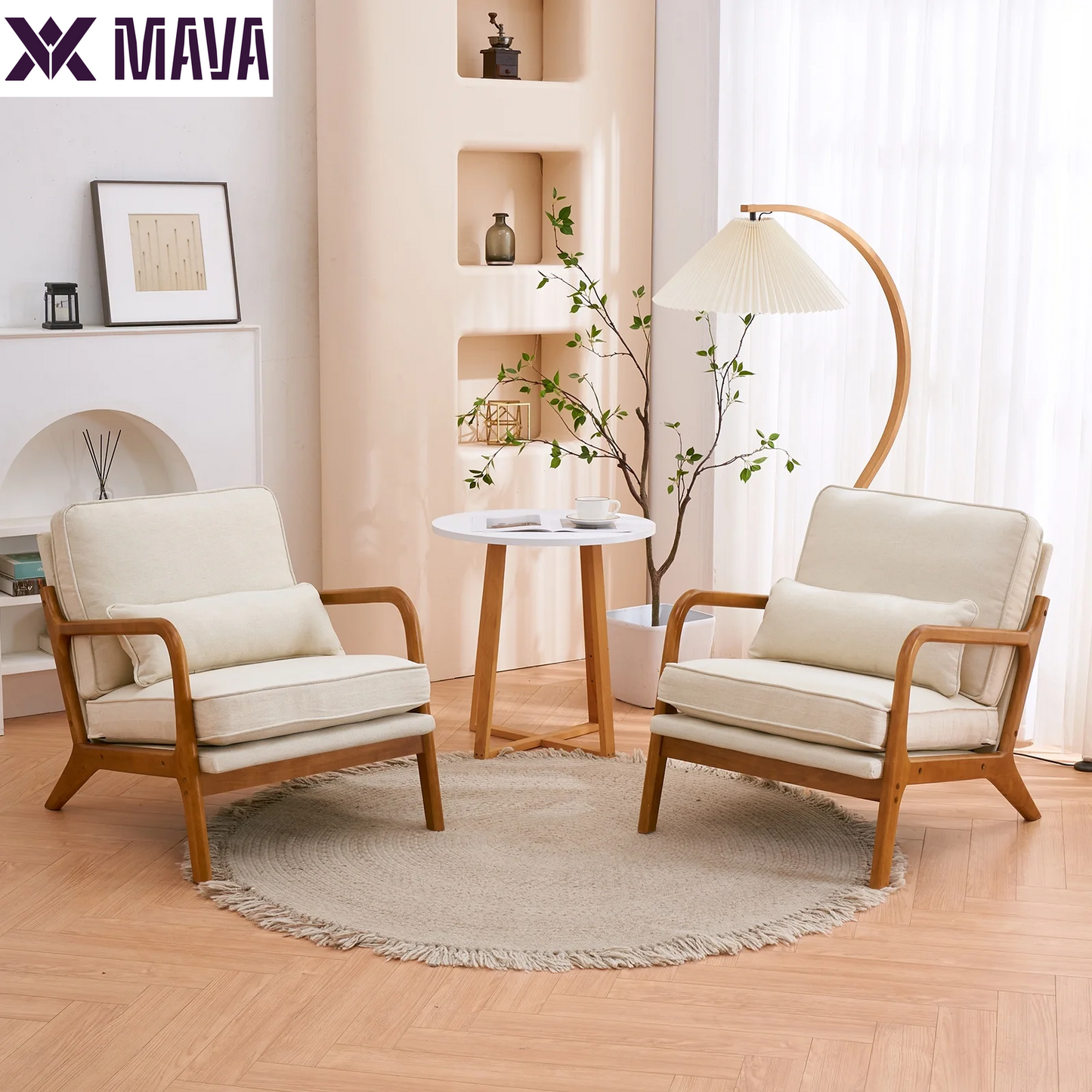 MAVA Modern Arm Chair Linen Fabric Upholstered Comfy Reading Accent Chair with Solid Wood Frame Beige