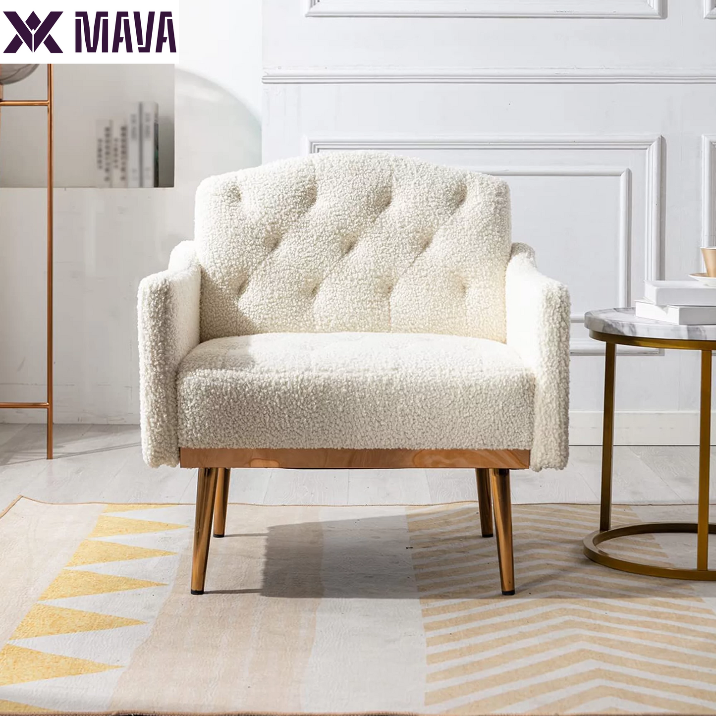 MAVA Modern Accent Chair, Upholstered Single Sofa Chair Sherpa Arm Chair for Living Room and Bedroom, Comfy Armchair with Metal Legs, White