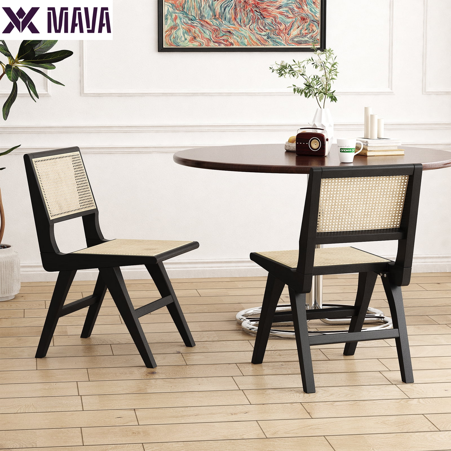 MAVA Rattan Wood Chairs Set of 2,Accent Chairs with Wood Legs,Mid-Century Modern Dining Chairs for Living Room,Black