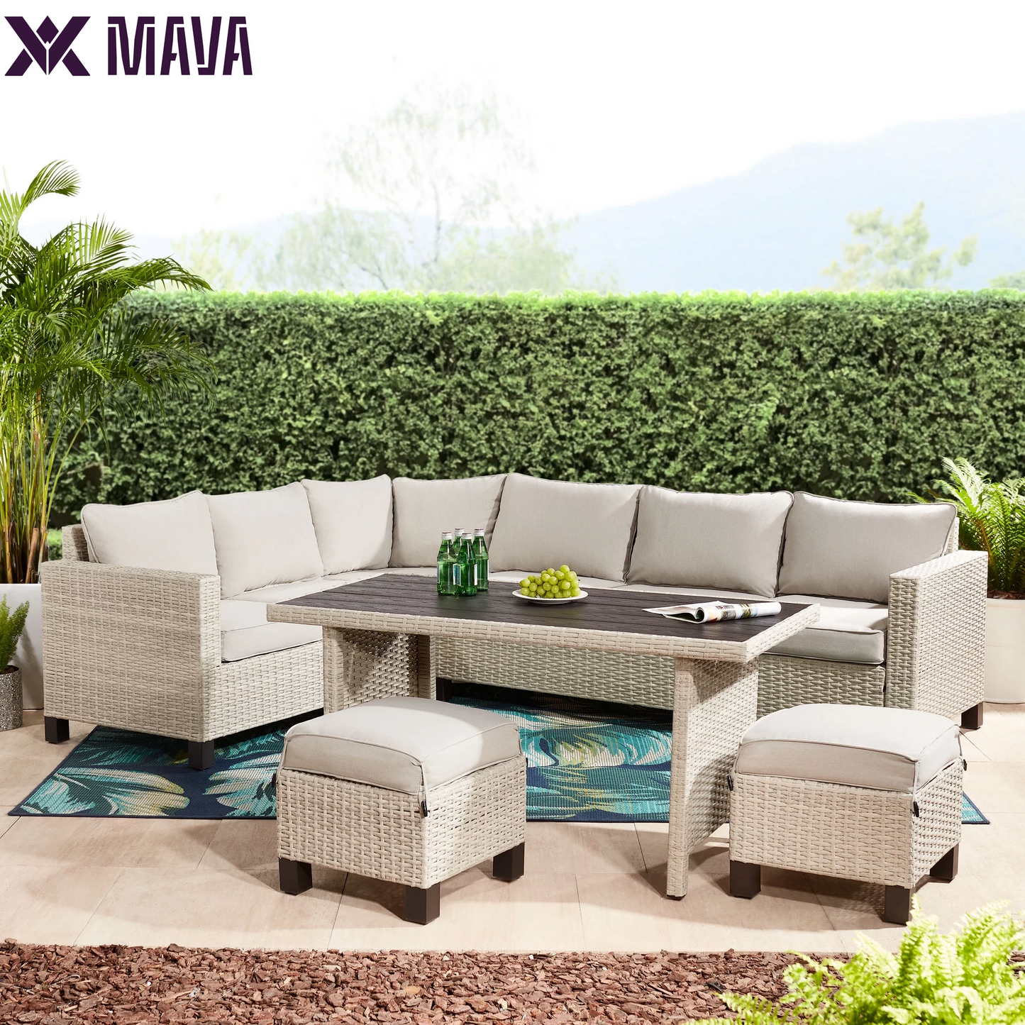 MAVA 5 Piece Wicker Outdoor Sectional Dining Set - Light Gray/ Beige