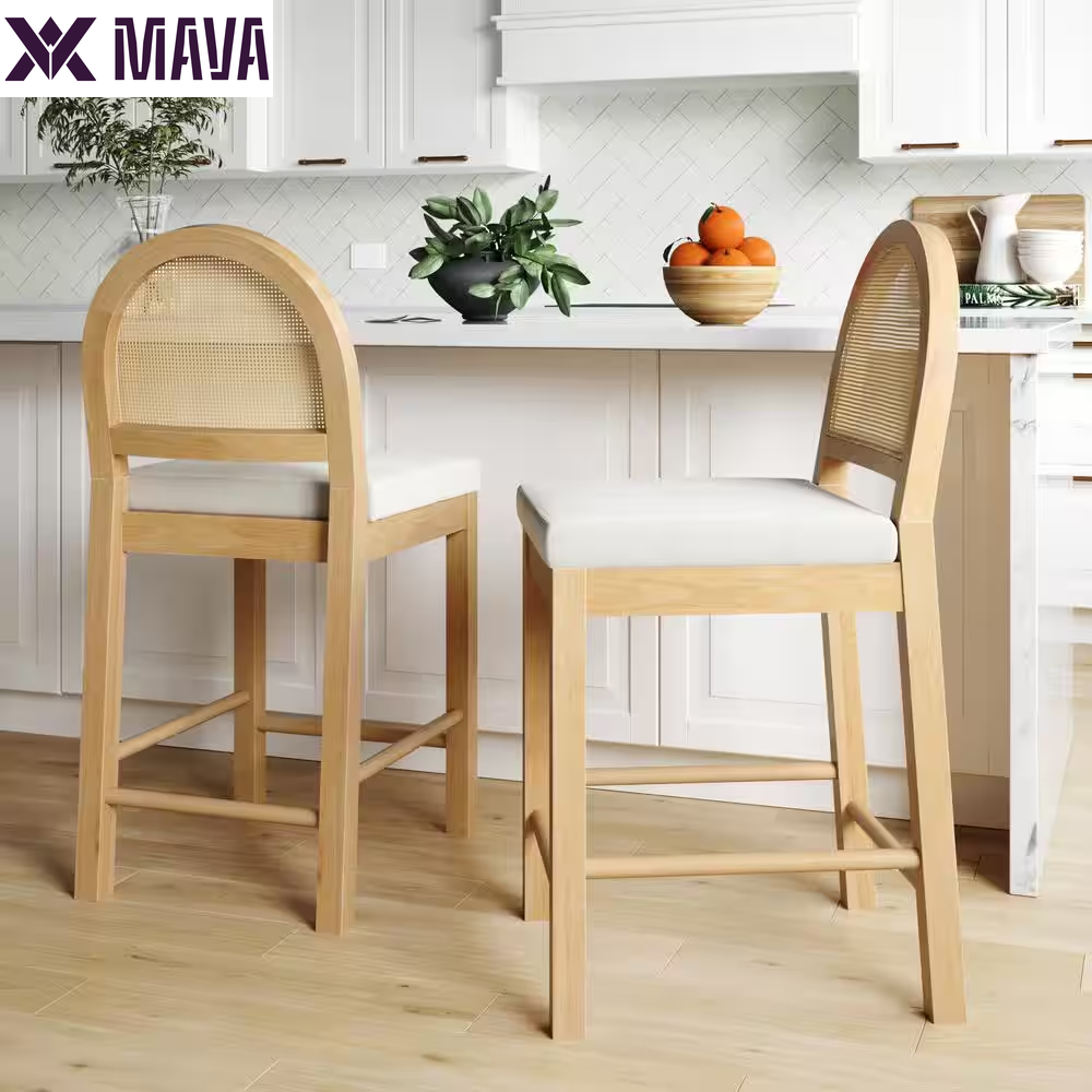 MAVA 19 In. Light Brown Natural Woven Rattan Back and Solid Wood, Legs Dining Chair with Padded Seat