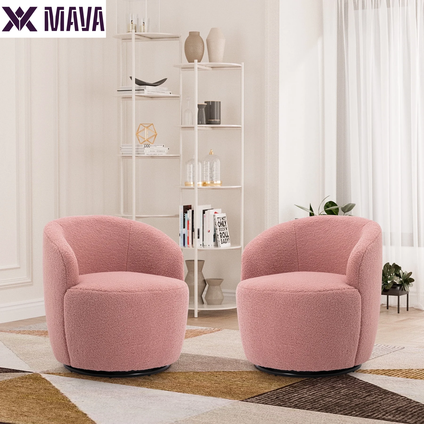 MAVA Swivel Barrel Chair Set of 2, Upholstered Boucle Swivel Accent Chair, Comfy Sherpa Swivel Lounge Chair, Modern 360 Swivel Arm Chair Reading Chair for Living Room Bedroom Club, Ivory Chenille