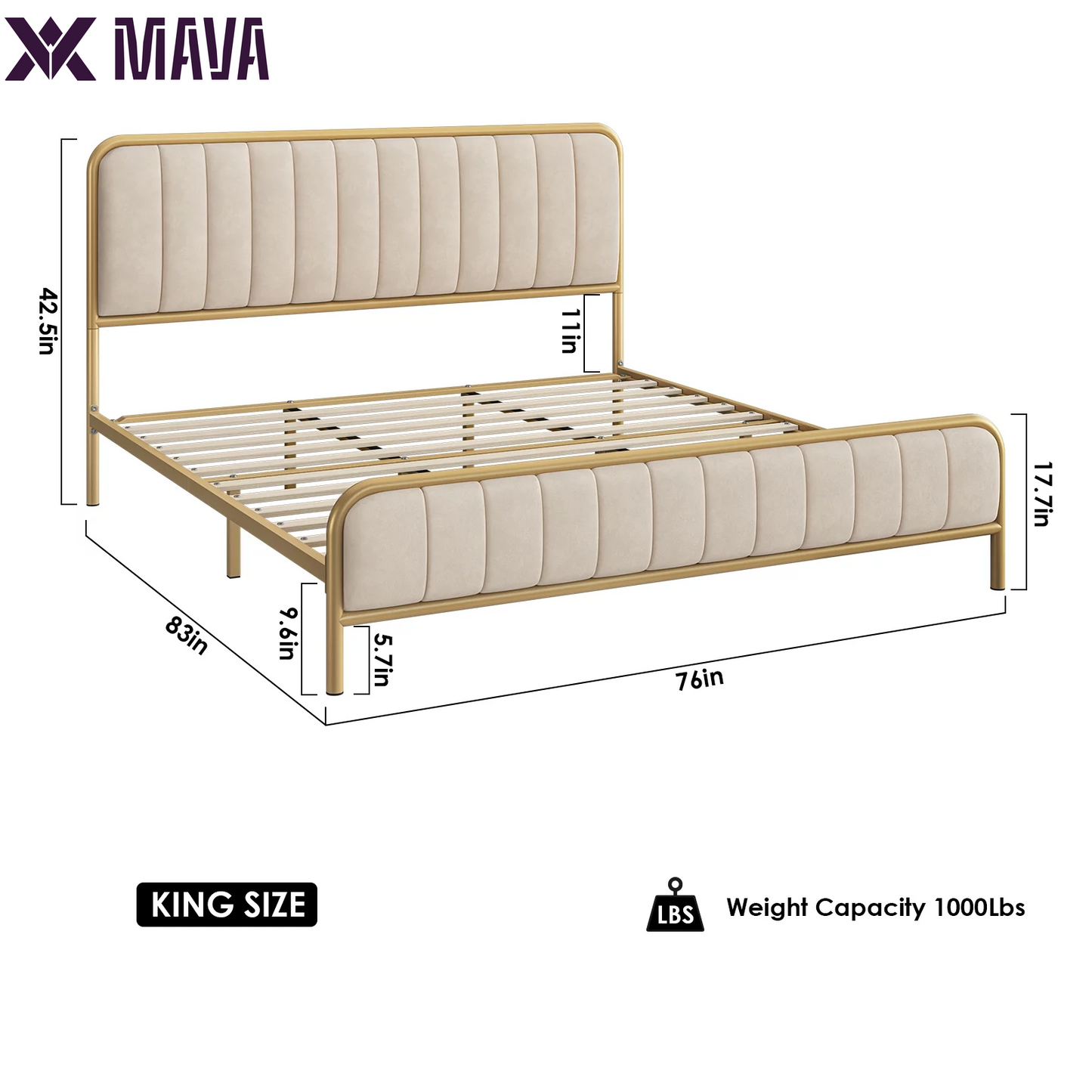 MAVA King Size Bed Frame, round Metal Tube Heavy Duty Bed Frame with Tufted Upholstered Headboard, Gold and Beige