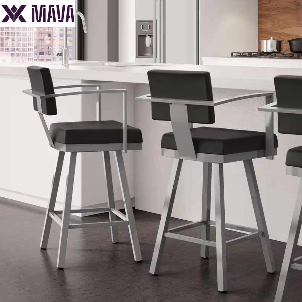 MAVA 26 In. Matt Light Grey Metal Beige Polyurethane Counter Stool