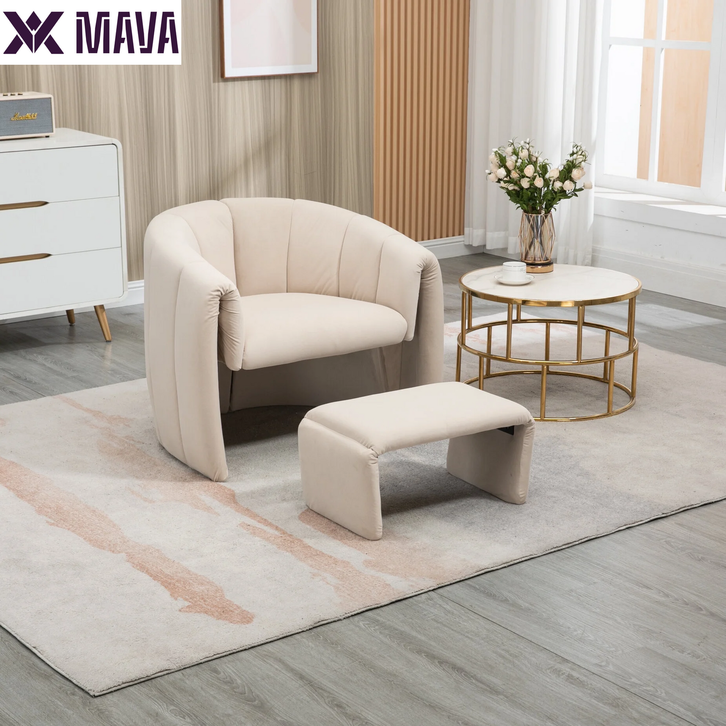 MAVA Modern Velvet Accent Chair with Ottoman, Upholstered Armchair with Wooden Frame