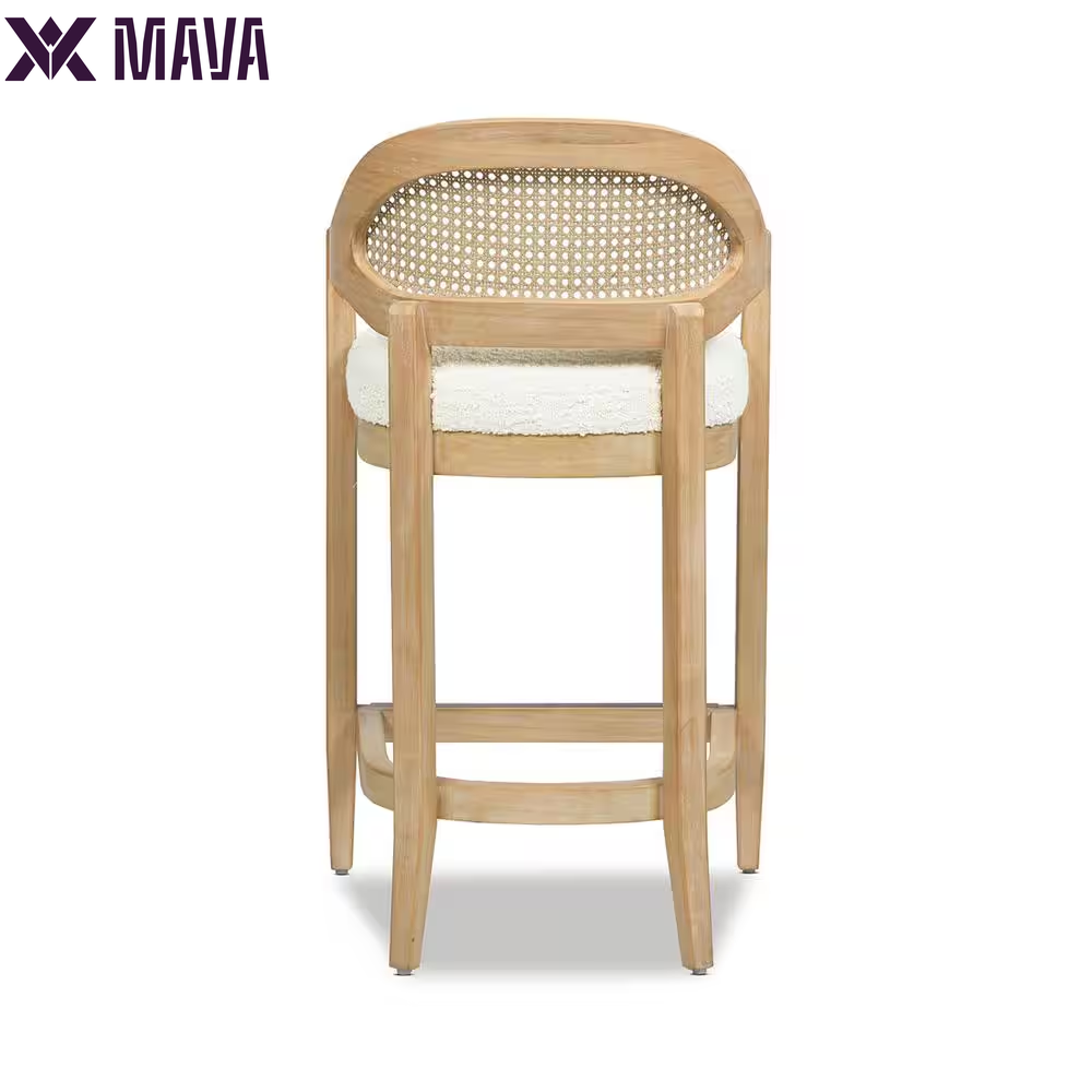 MAVA Americana 26 In. Mid-Century Modern Ivory White Cane Rattan Back Wood Frame Kitchen Counter Height Bar Stool