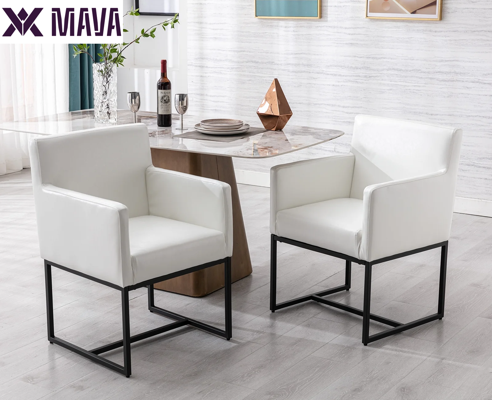 MAVA Modern Linen Upholstered Dining Chairs Set of 2, Kitchen Chairs with Arm and Gold Finish Metal Frame, Accent Armchair with Back for Living Room Dining Room Bedroom Reception Room, Cream