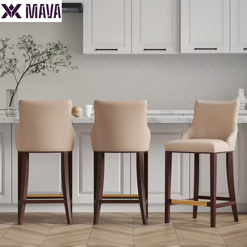 MAVA 29.13 In. Light Grey Beech Wood Bar Stool with Leatherette Upholstered Seat (Set of 3)