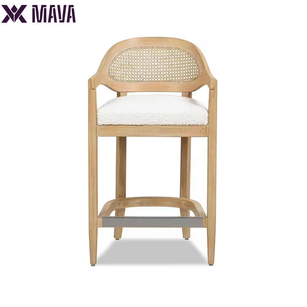 MAVA Americana 26 In. Mid-Century Modern Ivory White Cane Rattan Back Wood Frame Kitchen Counter Height Bar Stool