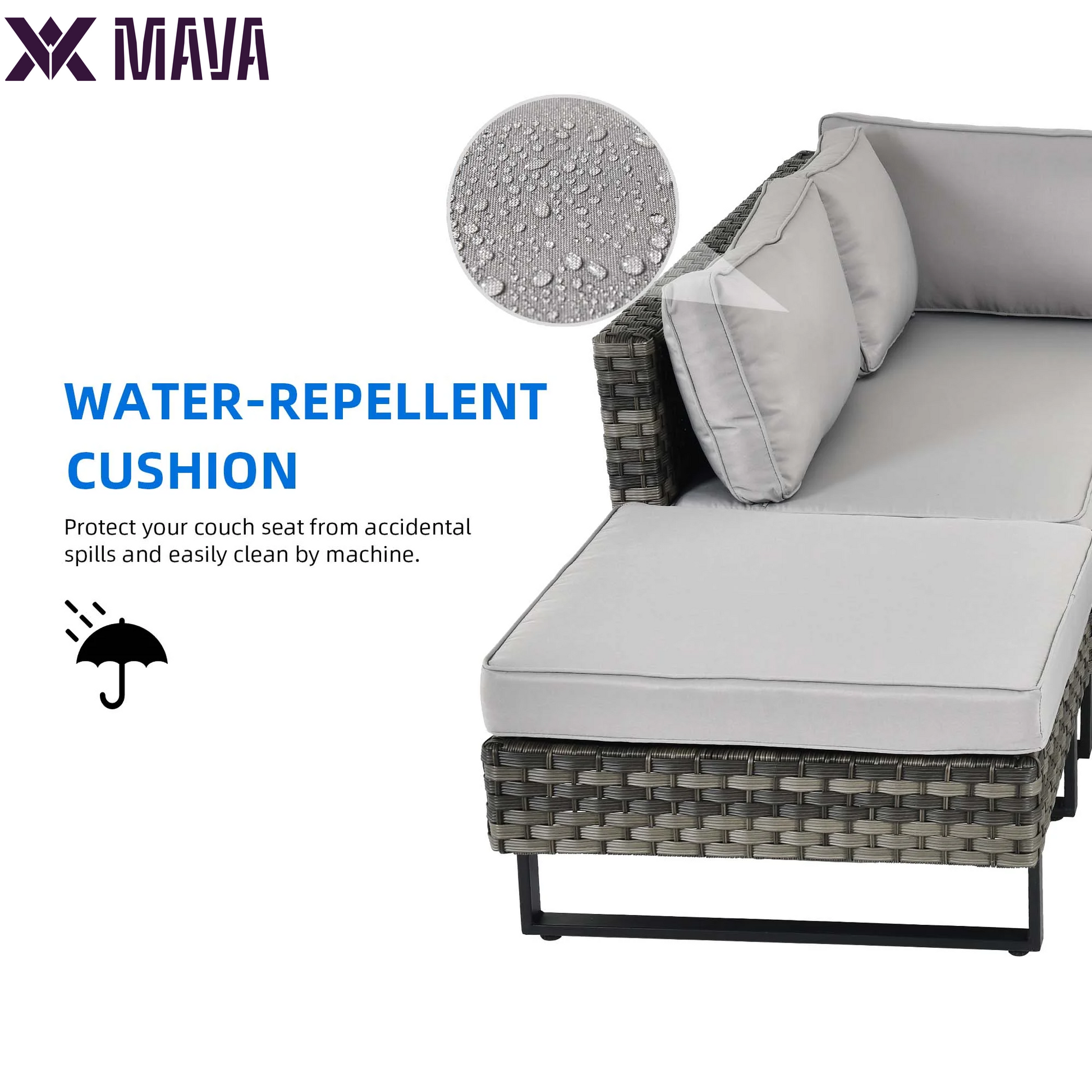 MAVA 4 Pieces Patio Furniture Set, All Weather Outdoor PE Rattan Sectional L-Shaped Wicker Conversation Sofa Chair with Coffee Table & Grey Cushions