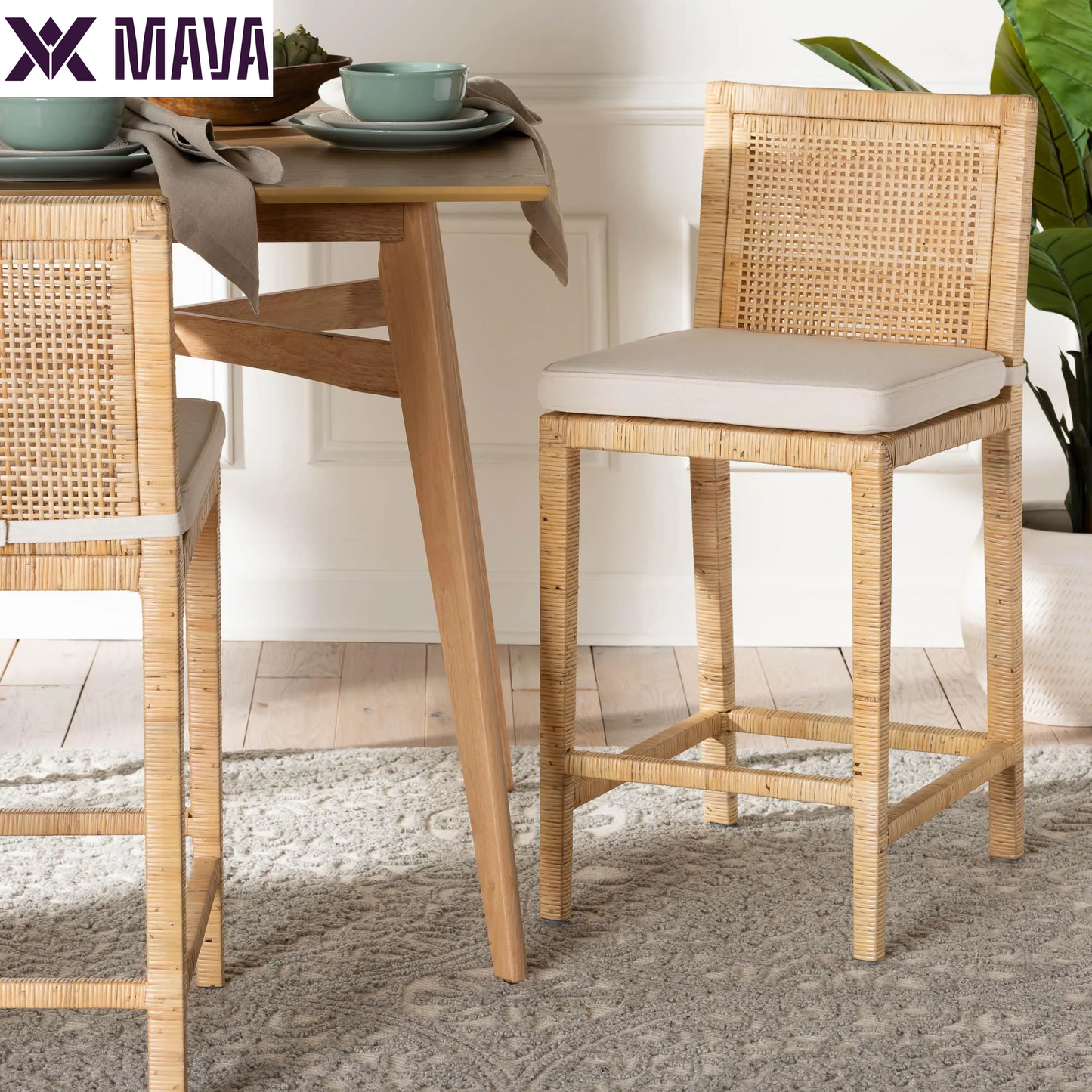 MAVA Sofia Rattan and Mahogany Wood BOHO Counter Stool, Natural