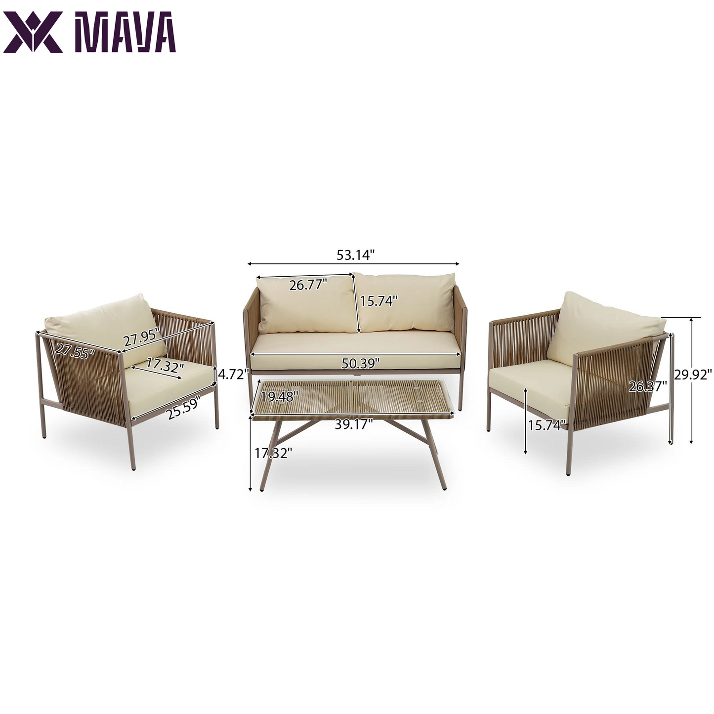 MAVA 4 Person Rope Outdoor Furniture Set 4 Pieces Patio Metal Conversation Sets Patio Sectional Sofa Set with Thick Cushions, Loveseat and Glass Table(Beige)