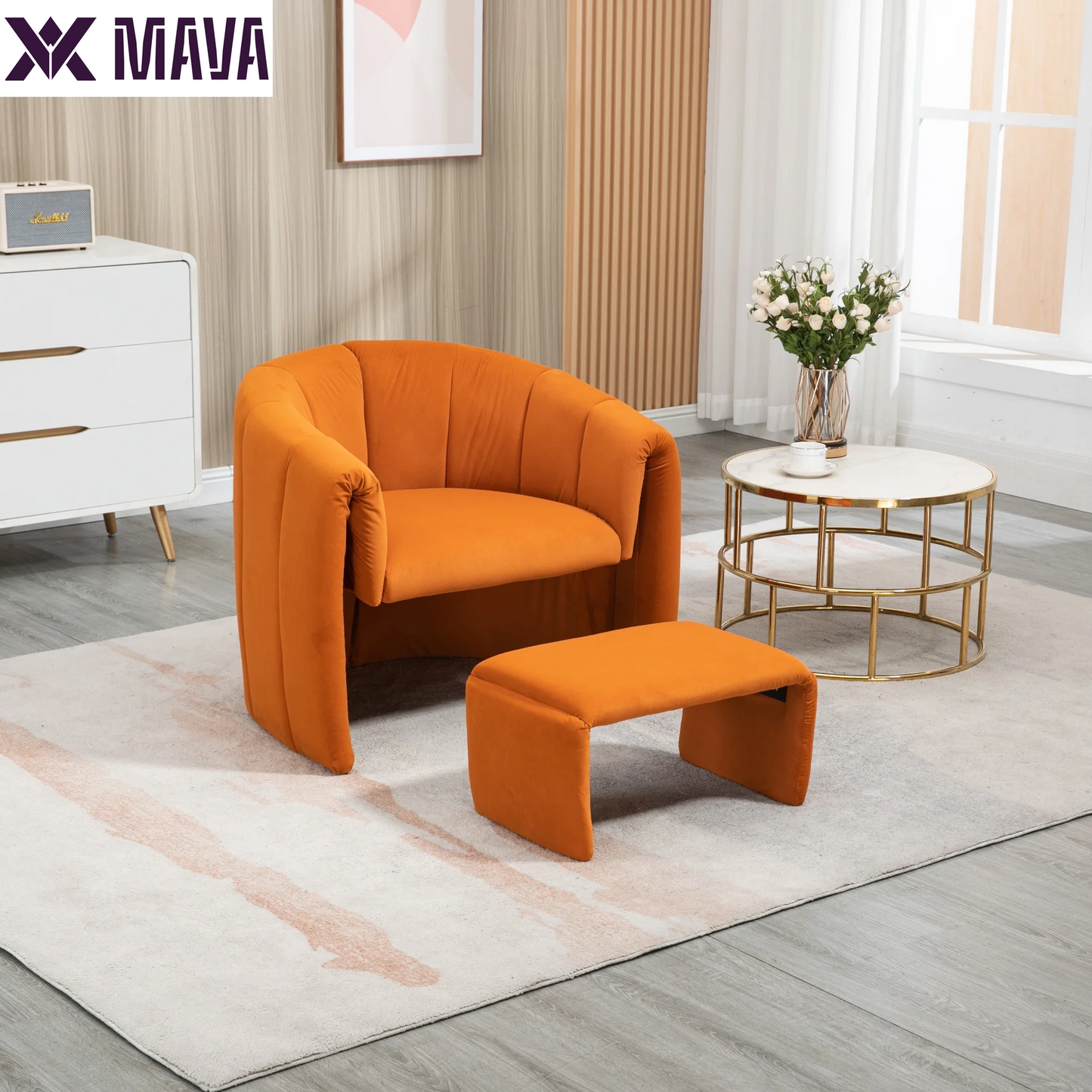 MAVA Modern Velvet Accent Chair with Ottoman, Upholstered Armchair with Wooden Frame