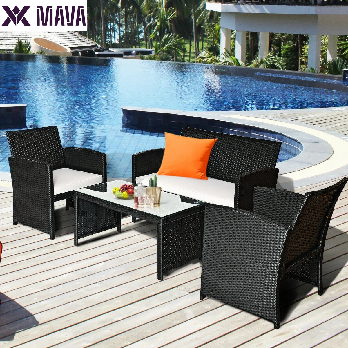 MAVA 4PCS Patio Rattan Furniture Conversation Set Cushioned Sofa Table Garden Black