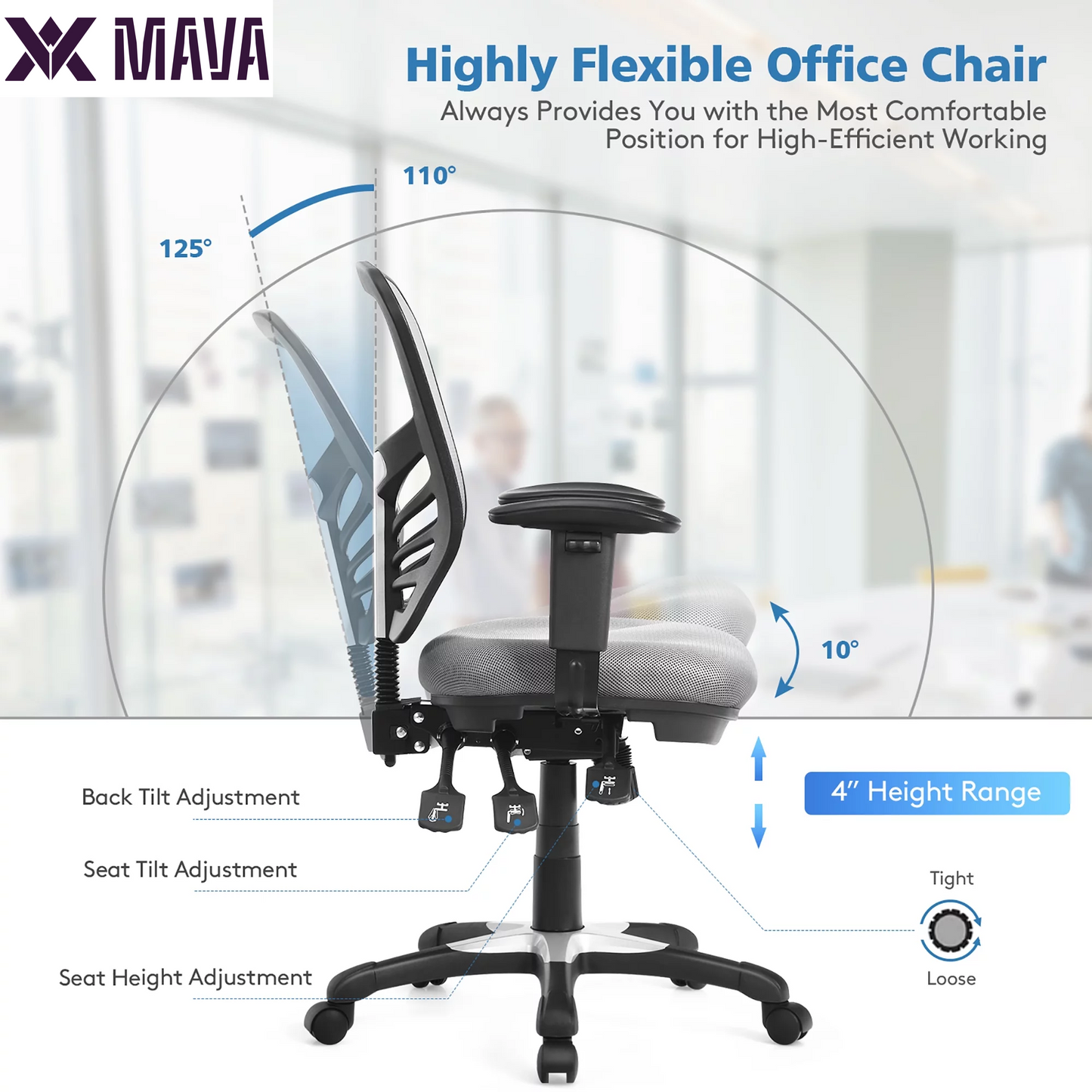 MAVA Mesh Office Chair 3-Paddle Computer Desk Chair W/ Adjustable Seat Grey