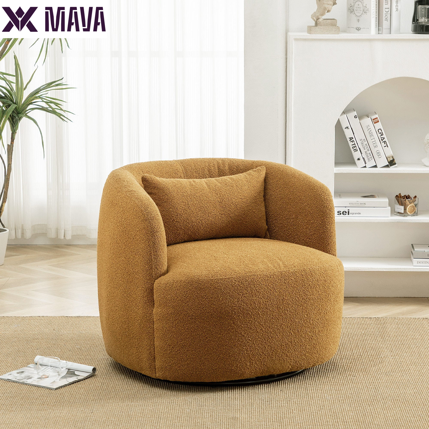 MAVA Beige Modern Boucle Upholstered 360° Swivel Accent Armchair