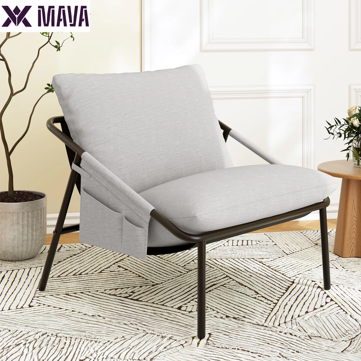 MAVA Accent Chair, Modern Comfy Metal Framed Armchair with Side Pockets, Mid-Century Lounge Chair for Living Room Bedroom Reception Room - Beige